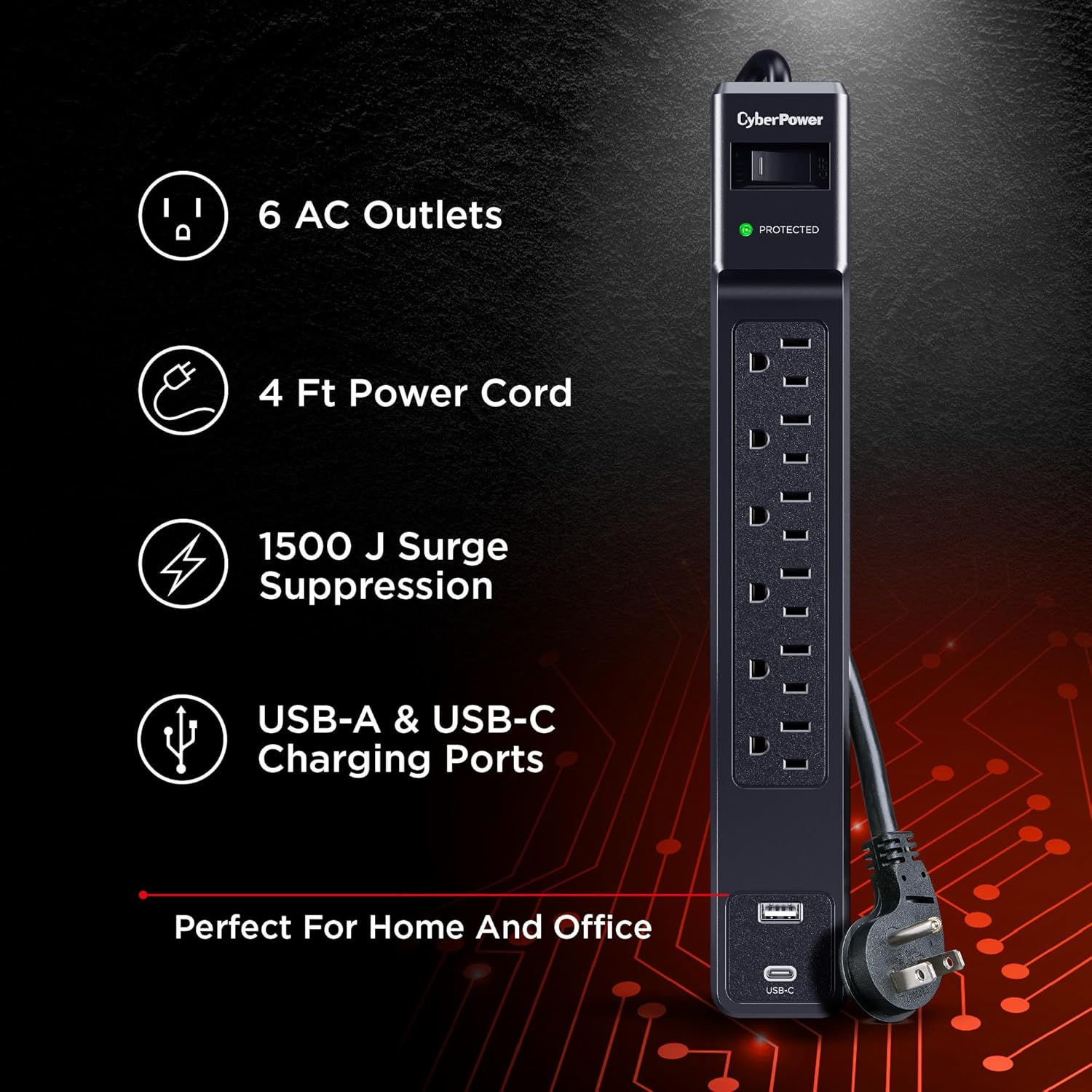 CyberPower CSP604UC Surge Protector, 1500J, 6 Outlets, 1 USB-A, 1 USB-C, 4 Foot Power Cord, Black, ETL