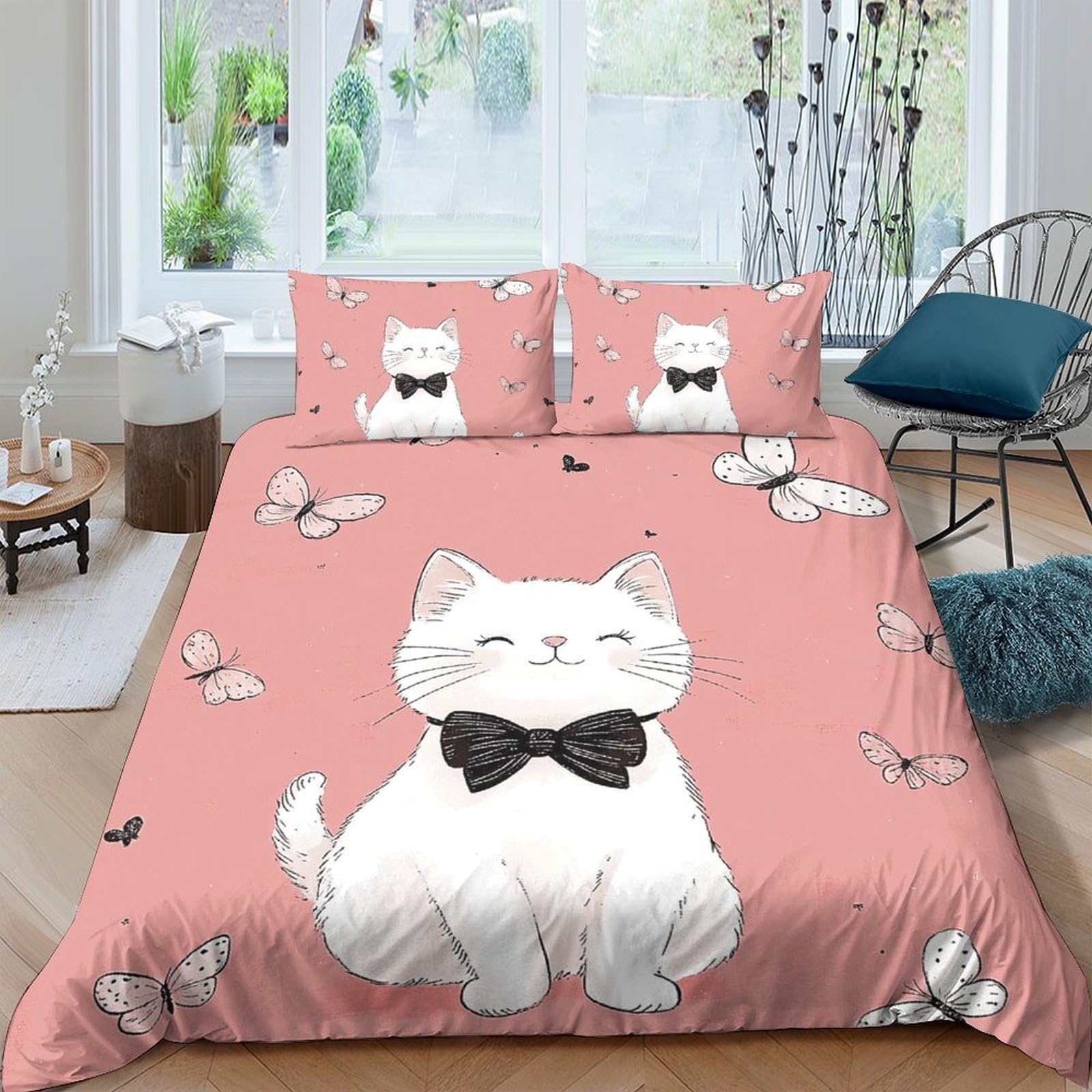 Ctjqhvkz Style-2 3D Printed Pink Cute Cat Fitted Sheet Microfiber Soft Breathable Bow Tie Kitten Bed Cover For Bedroom Guest Room Decor Single（135X200cm）