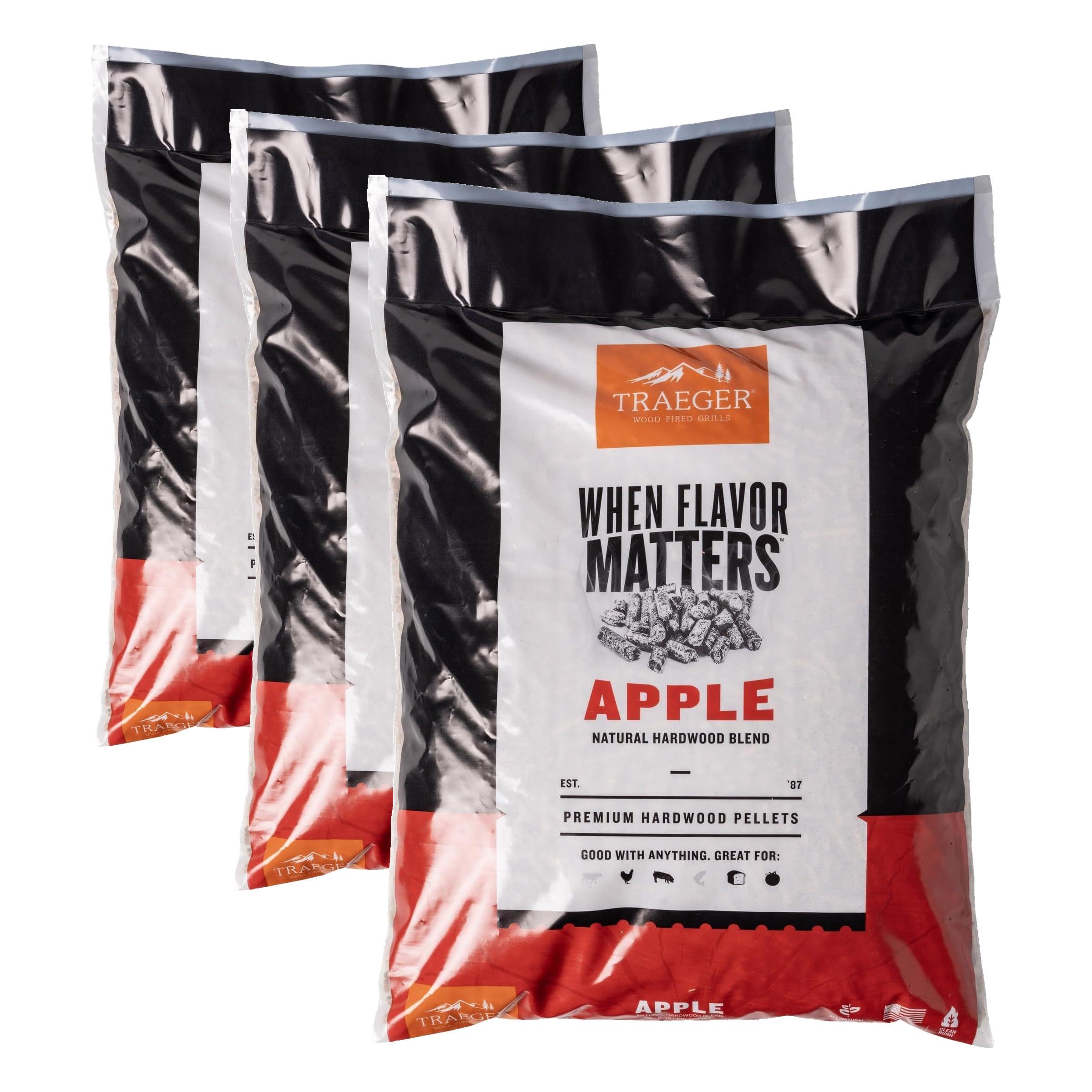 Traeger Grills Apple 100% All-Natural Wood Pellets for Smokers and Pellet Grills, BBQ, Bake, Roast, 18 lb. Bag (Pack of 3)