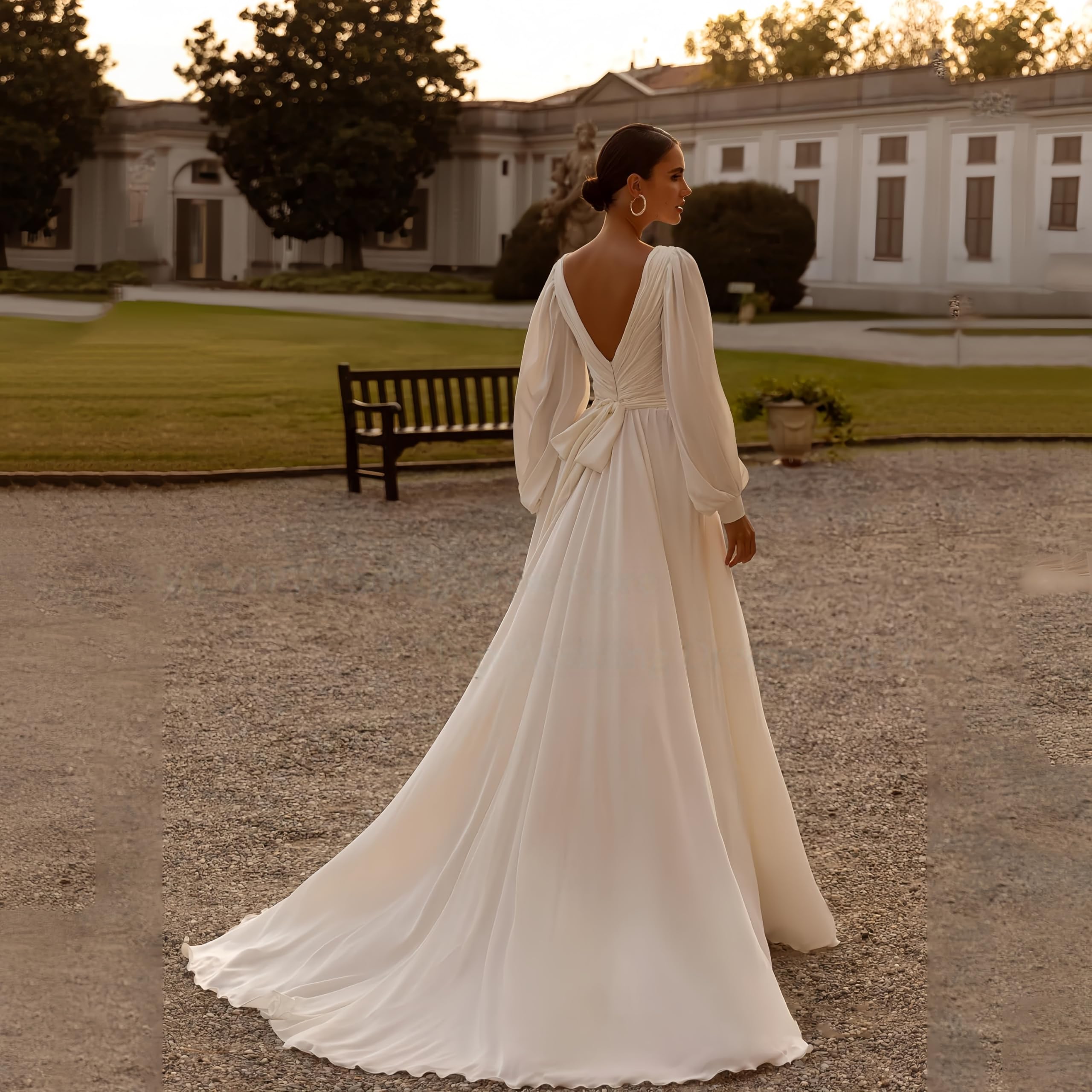 TSxuelian Abito da sposa civile in chiffon A-Line con maniche a sbuffo scollo a V senza schienale Vestido Noiva abiti da sposa minimalista
