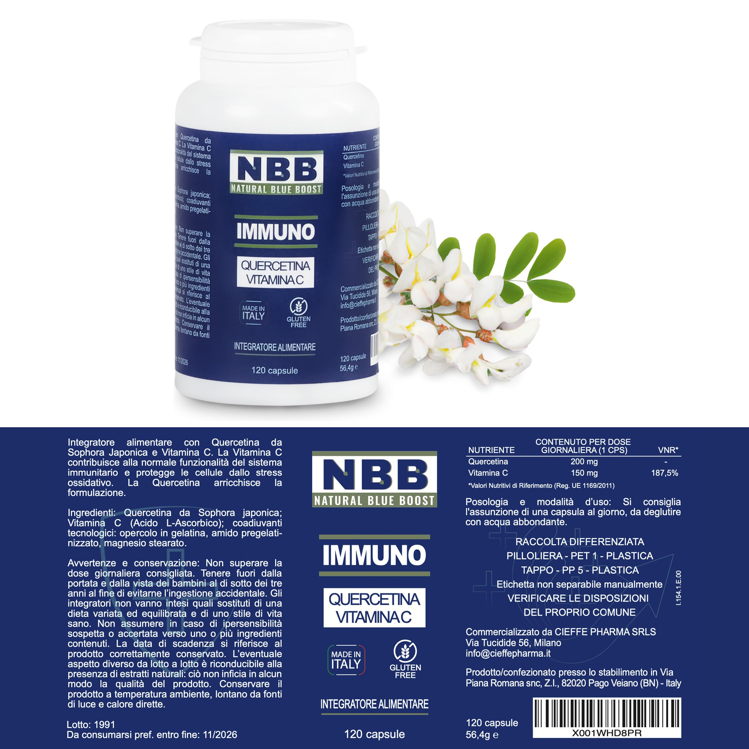 NBB Quercetina e Vitamina C - 120 Capsule - Alto Dosaggio - Integratore per Difese Immunitarie adulti, Antiossidante - Made in Italy - 4 Mesi di Trattamento