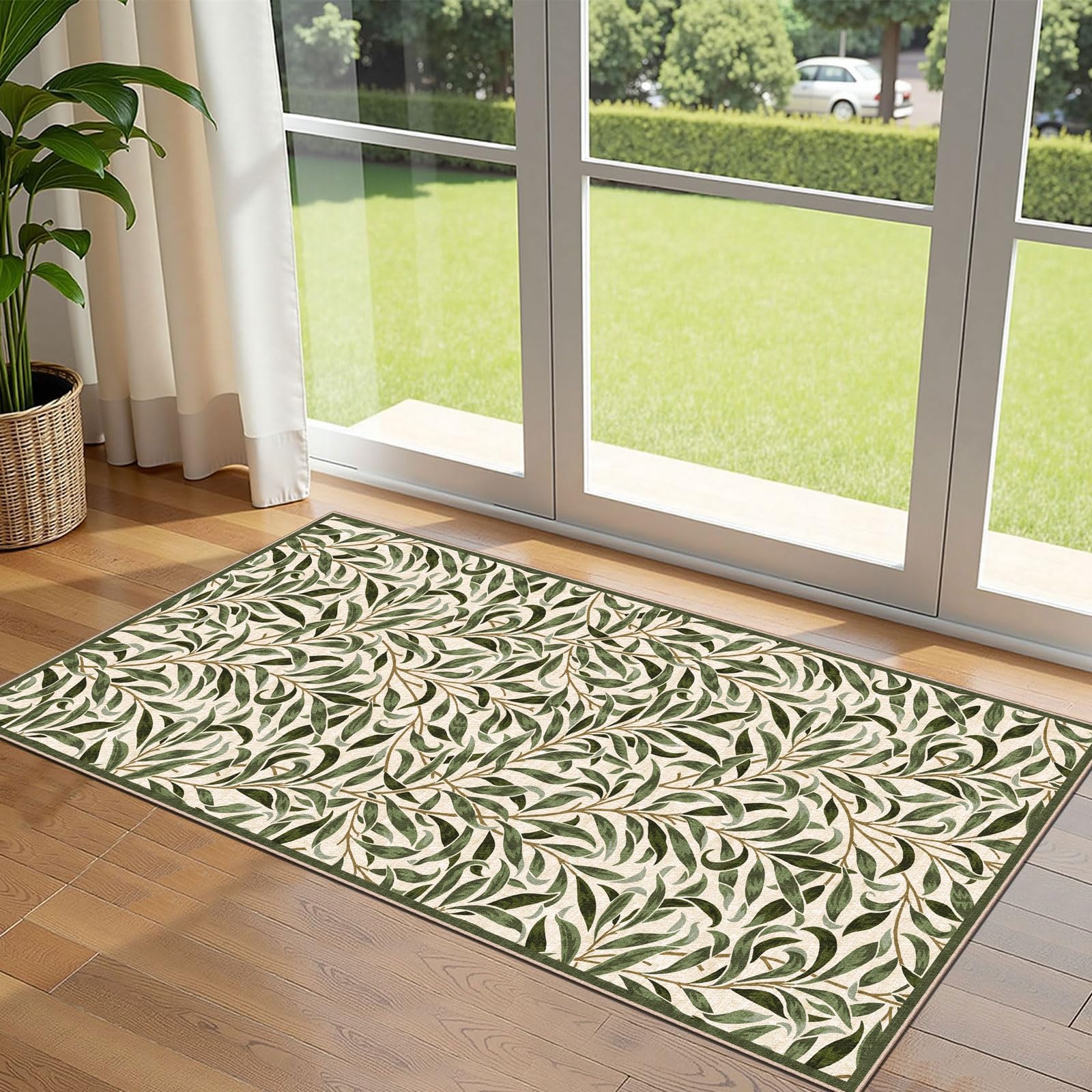 Othilic Front Door Mat Indoor Entrance - 2x4.3 Ft Boho Washable Layered Doormat Outdoor Entrance Porch Rug Non-Slip Spring Sage Green Leaf Runner Rug for Kitchen Bedroom Laundry Room Porch Decor