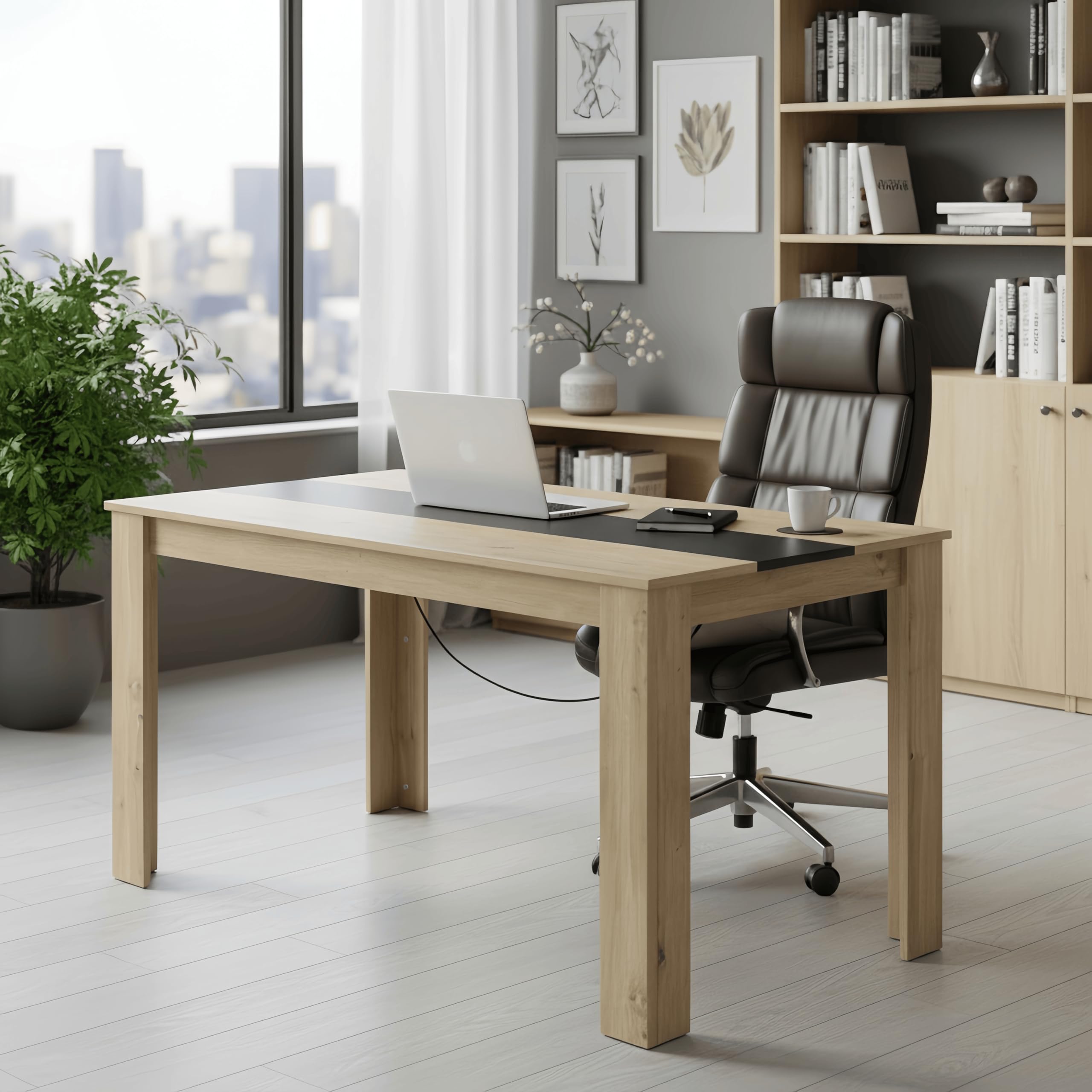 Tavolo da pranzo in legno, 140 x 70 cm, tavolo da pranzo, rettangolare, per 4 persone, moderno, in legno, grande per sala da pranzo, soggiorno, colore rovere + nero