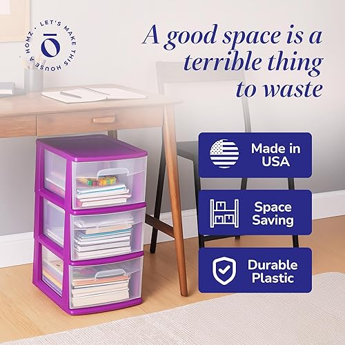 Miniatura 47 de HOMZ Torre de Cajones, Carrito Organizador de Almacenamiento de Plástico Transparente de 3 Niveles, Marco Morado - Contenedores de Cajones Rodantes