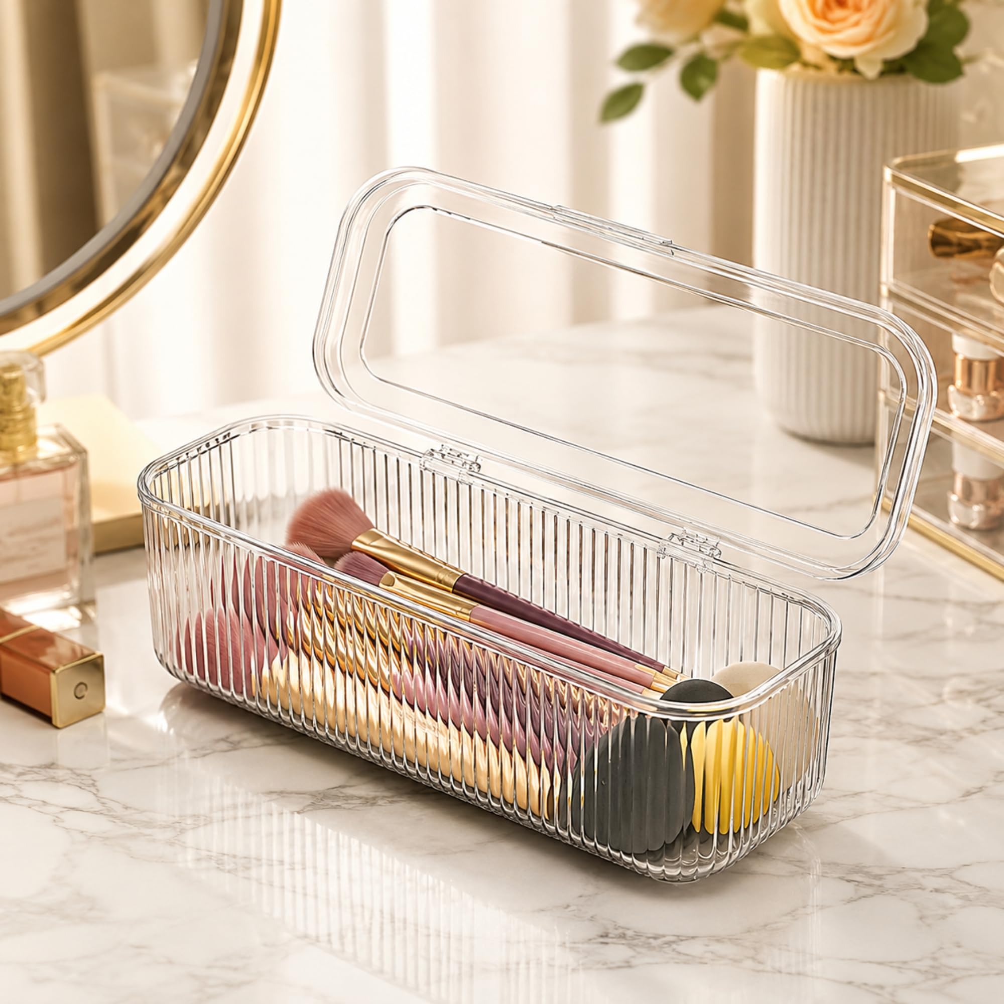 Makeup Organizer Box with Lid, Clear PET Cosmetic Storage Organizer for Makeup Brushes, Lipsticks, Skincare, Hair Accessories, Dustproof Vanity Organizer for Dressing Table & Bathroom-image-19