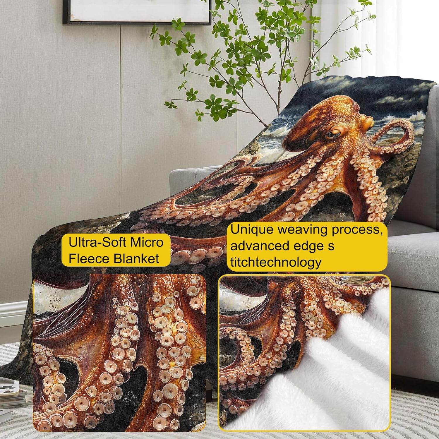 Octopus Blanket Gifts for Women, Realistic Octopus on Rocky Shore Flannel Blanket, Soft Warm Lightweight Throw Blankets for Bed Couch Home Travel Ocean Decor 40" x 50"