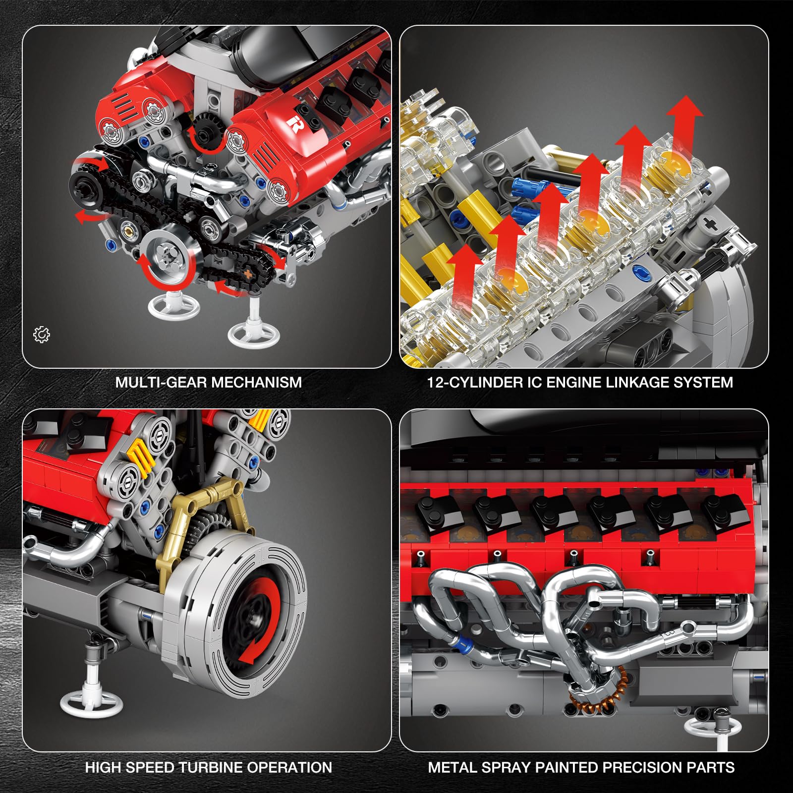 Kit di costruzione del motore V12 per adulti, 1240 pezzi, kit di modello di motore di supersport motorizzato ad angolo V di 65° con pistoni mobili, kit di assemblaggio meccanico Stem per