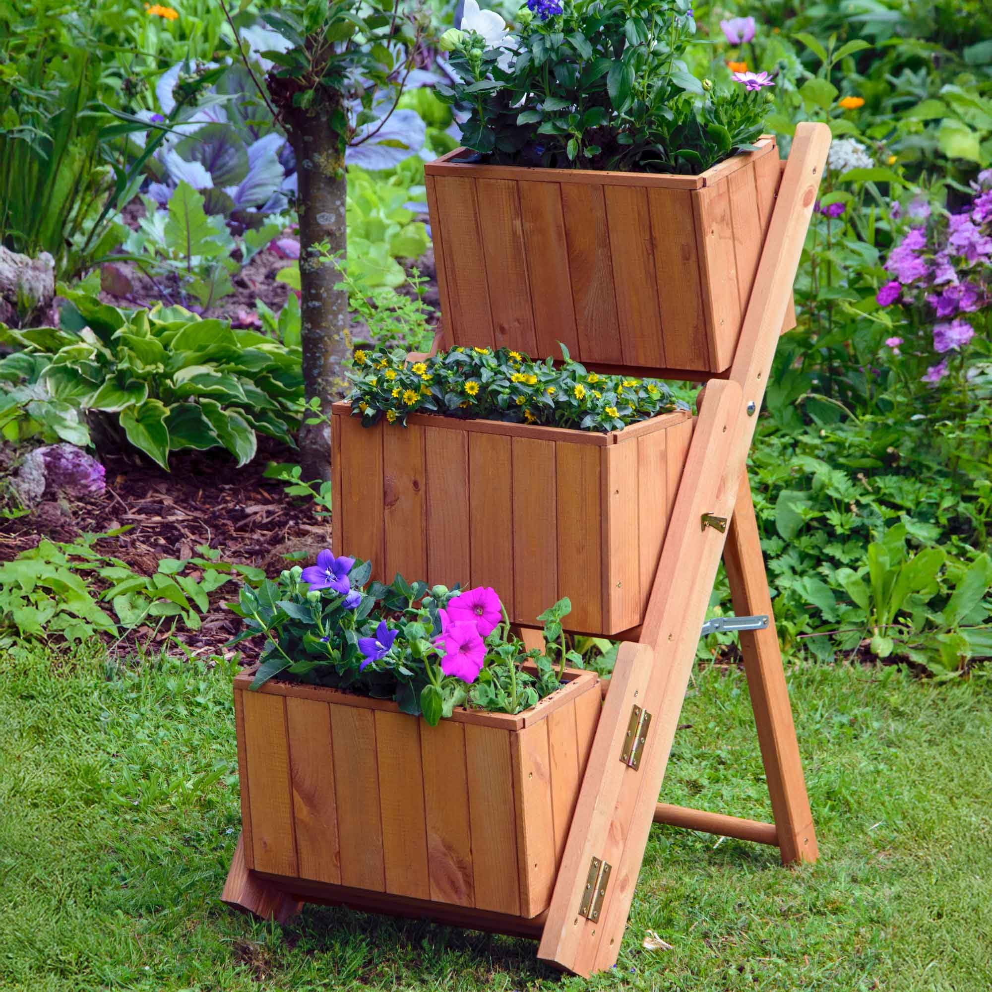 dobar® 29251e ausklappbare Pflanztreppe Dreistufig | Blumentreppe mit 3 separaten Pflanzkästen | Blumenkästen inkl. Pflanzfolie | Vormontierte Blumenkasten | Pflanzkübel Holz | 41 x 55 x 85 cm | Braun