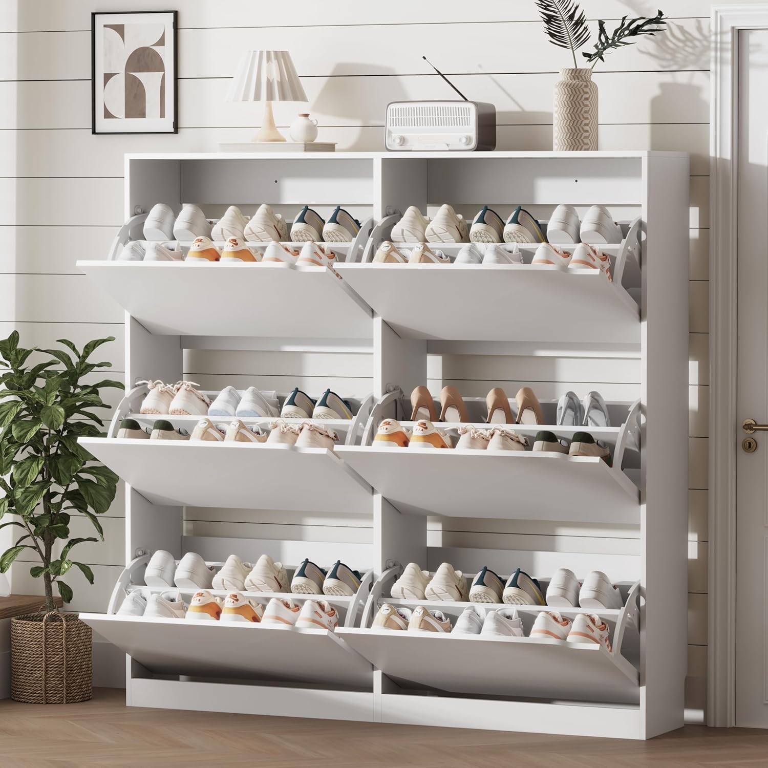 Shoe Storage Cabinet for Entryway with 6 Flip Drawers, Sturdy Wood Hidden Shoe Storage, Freestanding Narrow Slim Shoe Organizer for Front Door Entrance, Living Room, Hallway, Bedroom, White