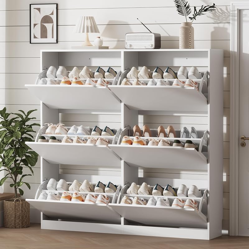Xixini Shoe Storage Cabinet for Entryway with 6 Flip Drawers, Sturdy Wood Hidden Shoe Storage, Freestanding Narrow Slim Shoe Organizer for Front Door Entrance, Living Room, Hallway, Bedroom, White