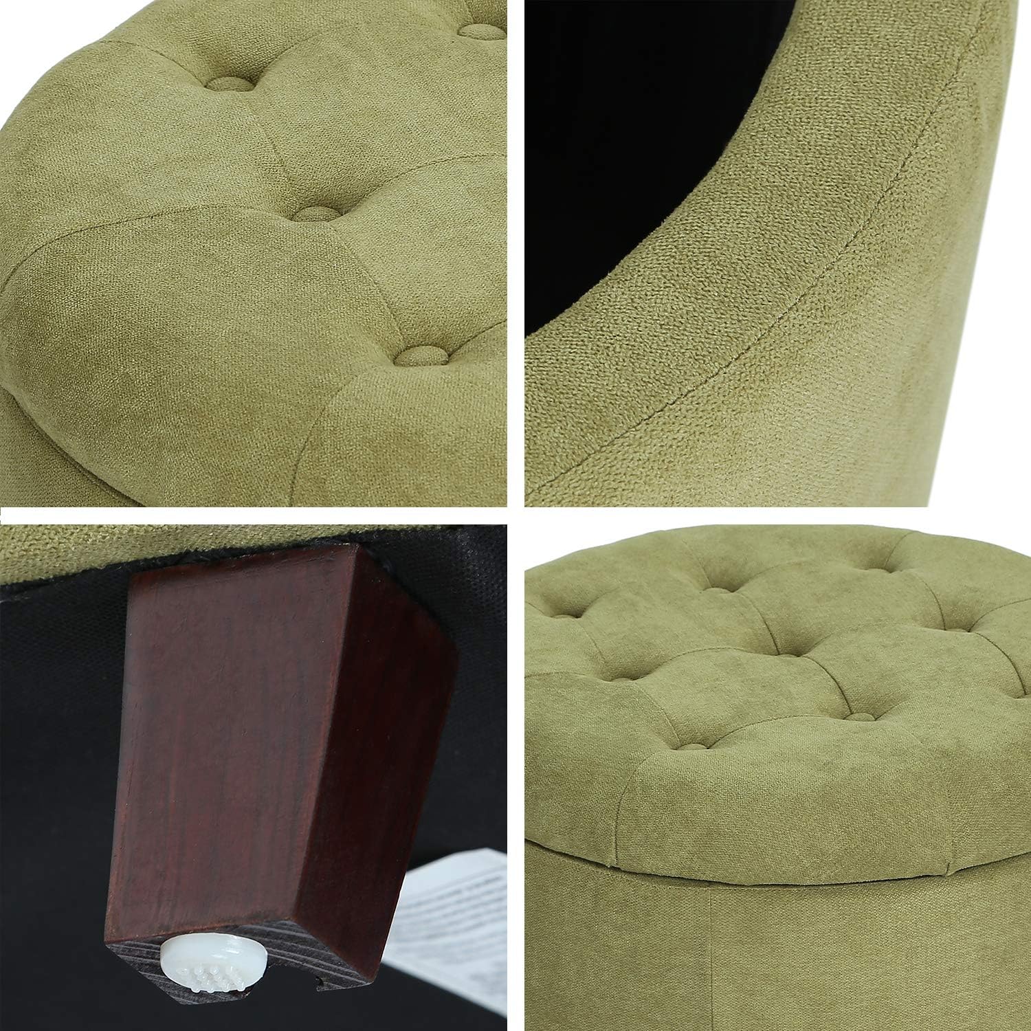 Homebeez Round Storage Ottoman Button-Tufted Fabric Footstool with Removable Lid(Olive Green)