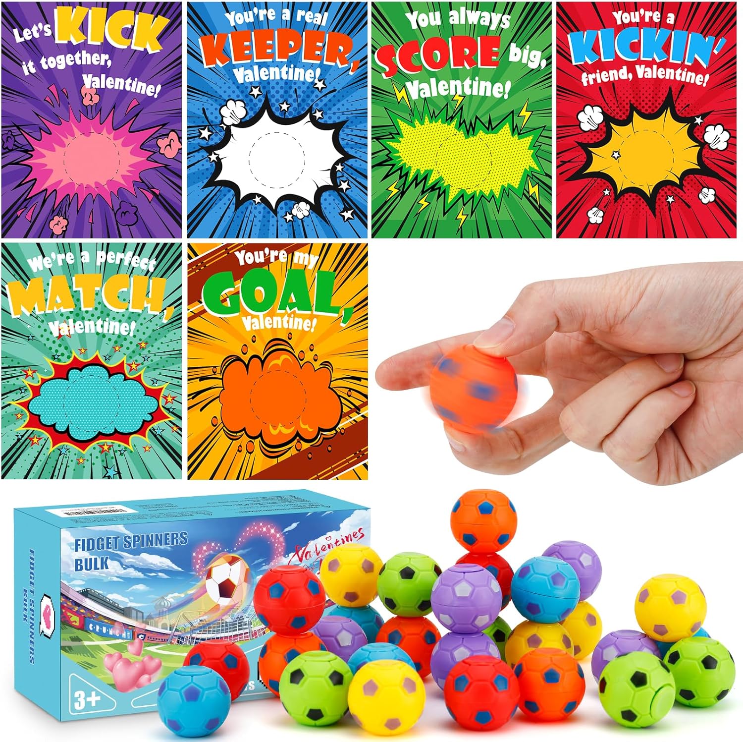 30 PCS Valentines Day Cards for Kids School with Sport Ball Fidget Spinners, Kids Valentine Party Favor, Valentine's Day Classroom Prizes, Ideal Valentine Exchange Gift