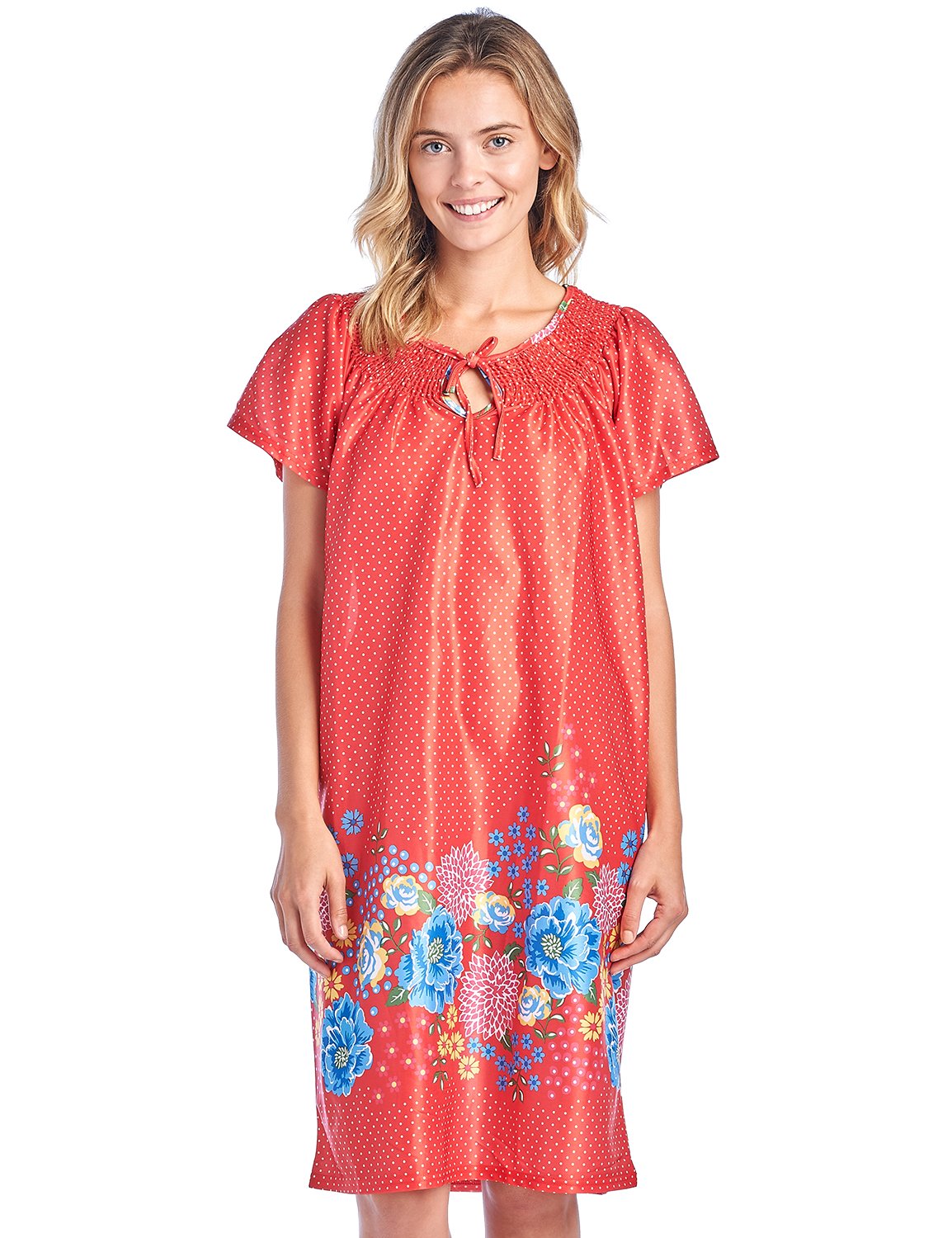 Casual Nights Women's Nightgown - Short Sleeve MuuMuu House Dress With Smocked Neck, Coral & Light Blue, Medium - View #3
