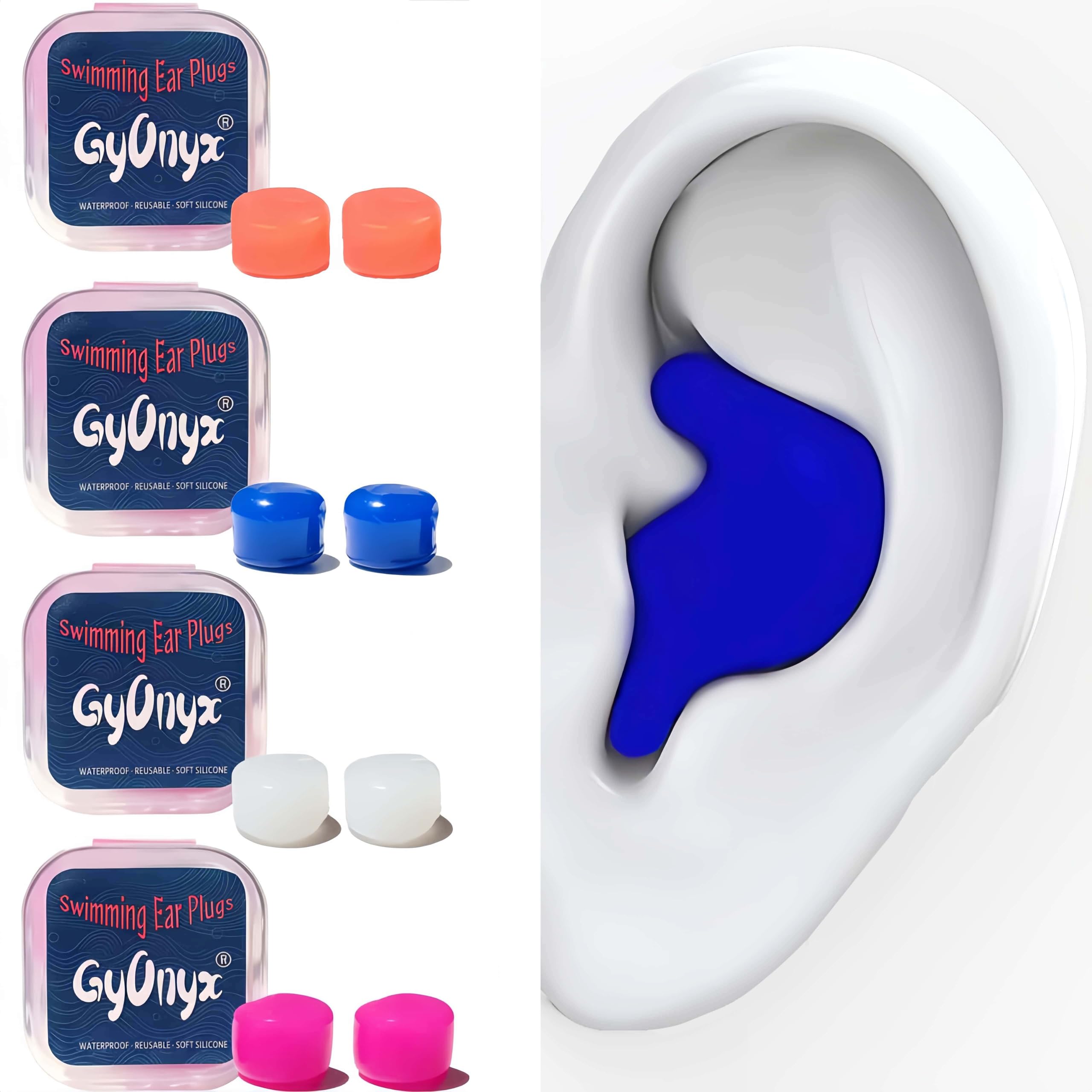 Gyonyx 4 Pairs Silicone Adult Ear Plugs for Swimming, Reusable Waterproof Protection Swimming Ear Plugs for Kids, Men, Women, Water Play Accessories for Surfing, Floating, Pool (4 Colors & 4 Cases)