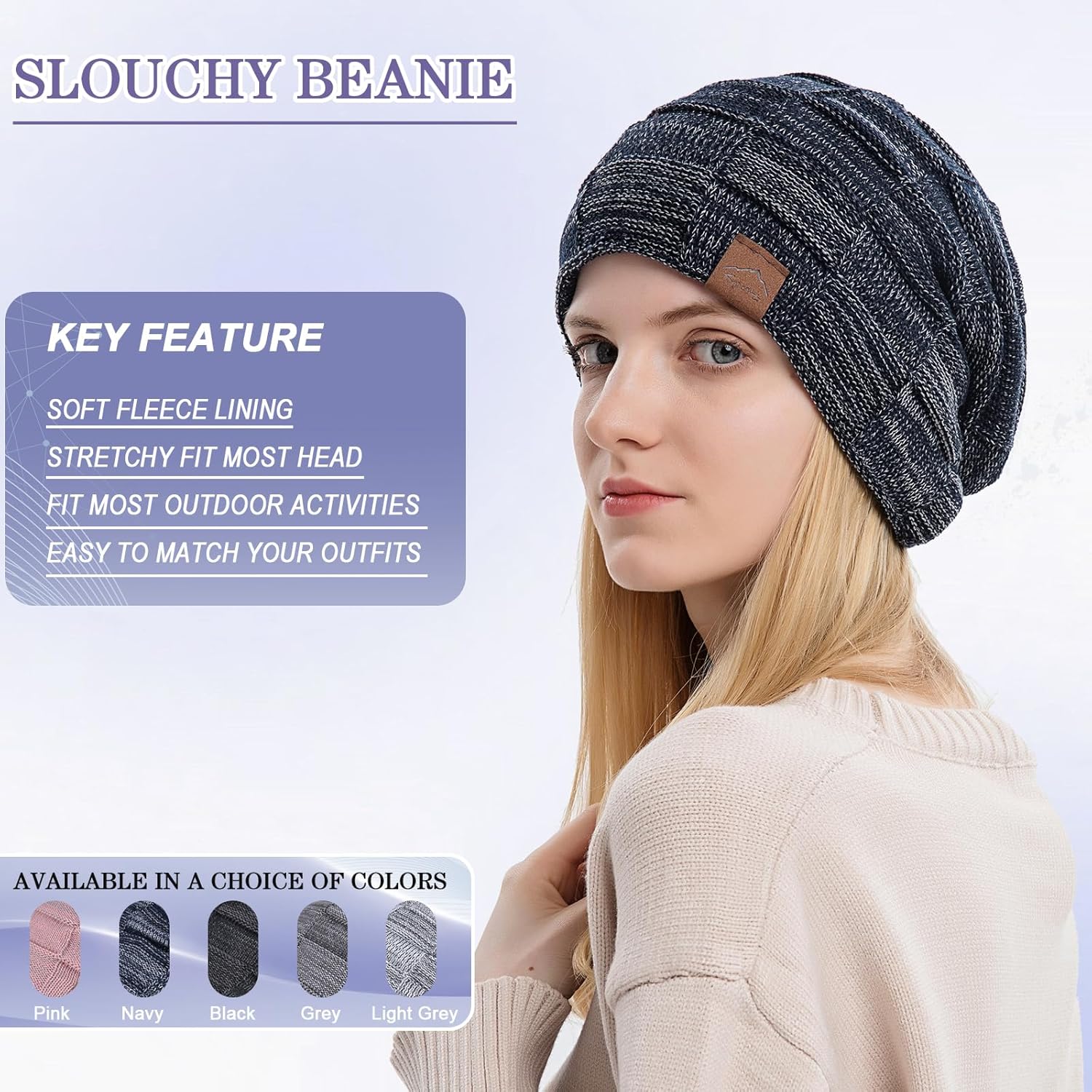 meioro Slouchy Beanie Hat for Men Women Warm Winter Hats Soft Fleece Lined Beanies Knit Thick Unisex Skull Cap - Image 2