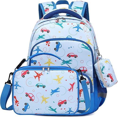 Miniatura 3 de MIRLEWAIY Mochila para niños de 15.7 pulgadas, juego de 3 piezas con lonchera y estuche para lápices para escuela, niñas, niños y estudiantes, Avión