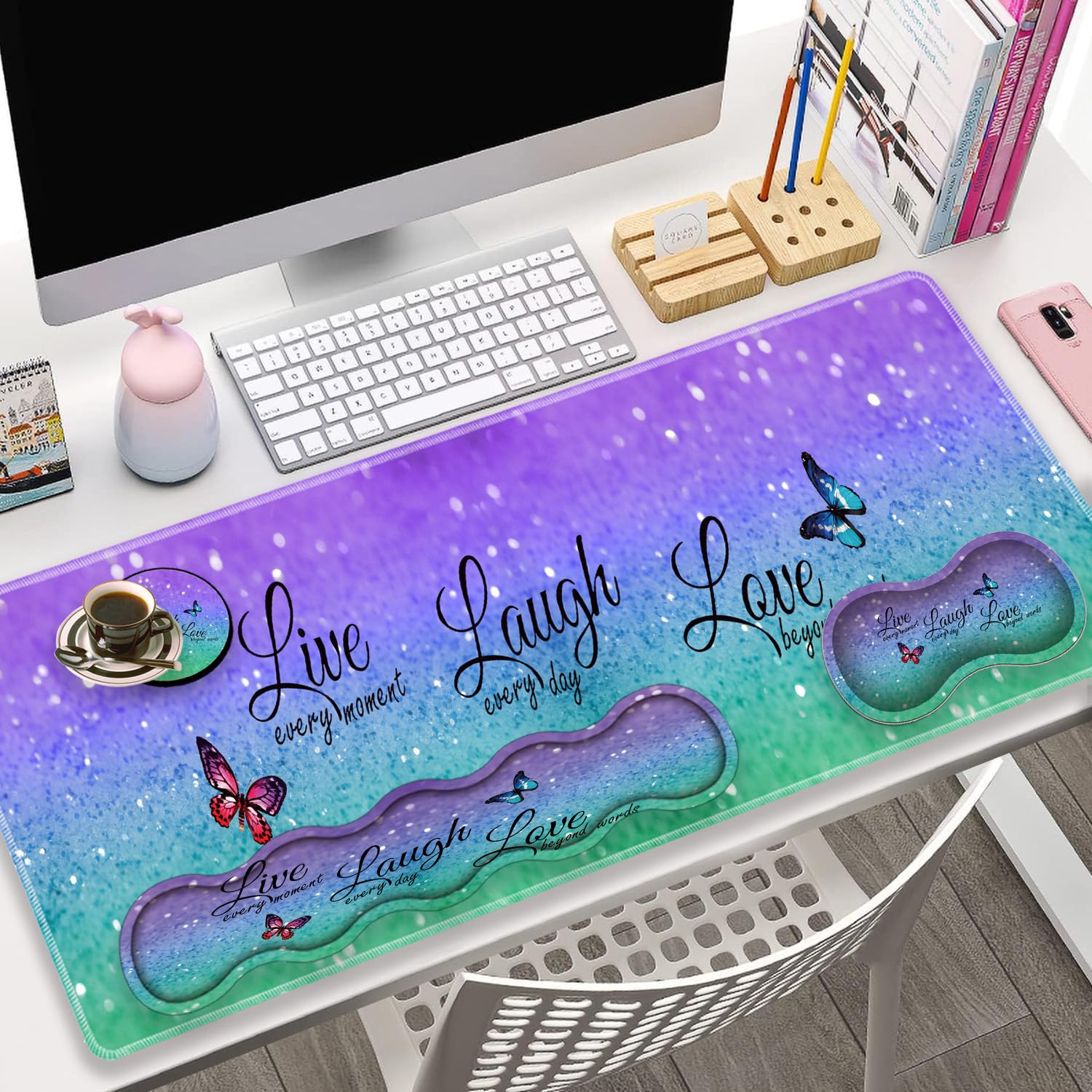 Large Gaming Mouse Pad, Keyboard Wrist Rest + Mouse Wrist Pad + Coaster Combination Set, Memory Sponge Non-Slip Base. Suitable for Office and Home, Live Laugh Love