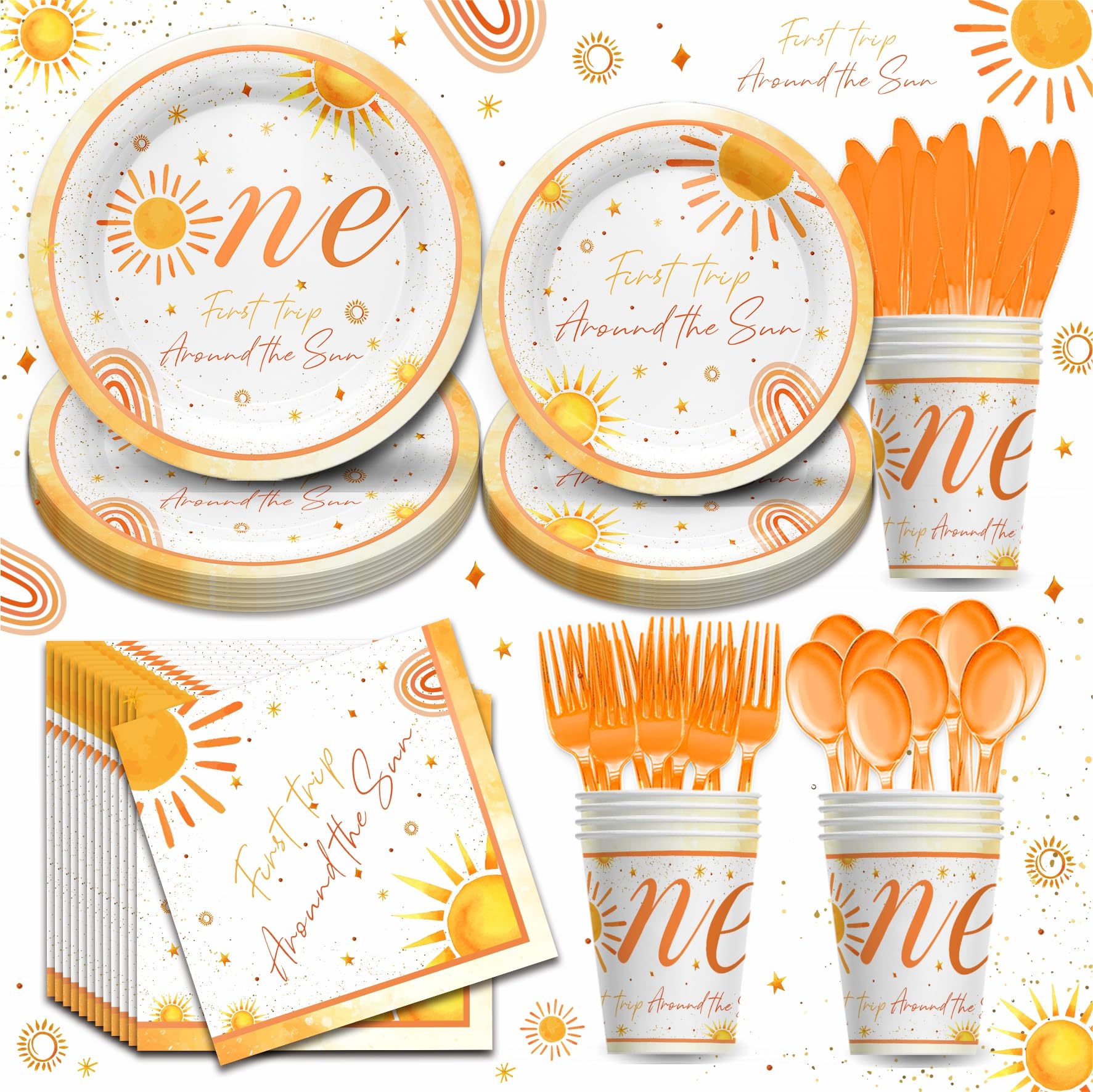 Vpimatero First Trip Around the Sun Decorations - Boho Bohemian Hippie Sunshine Theme Party Tableware Include Plates, Cups, Napkins, Cutlery, Baby