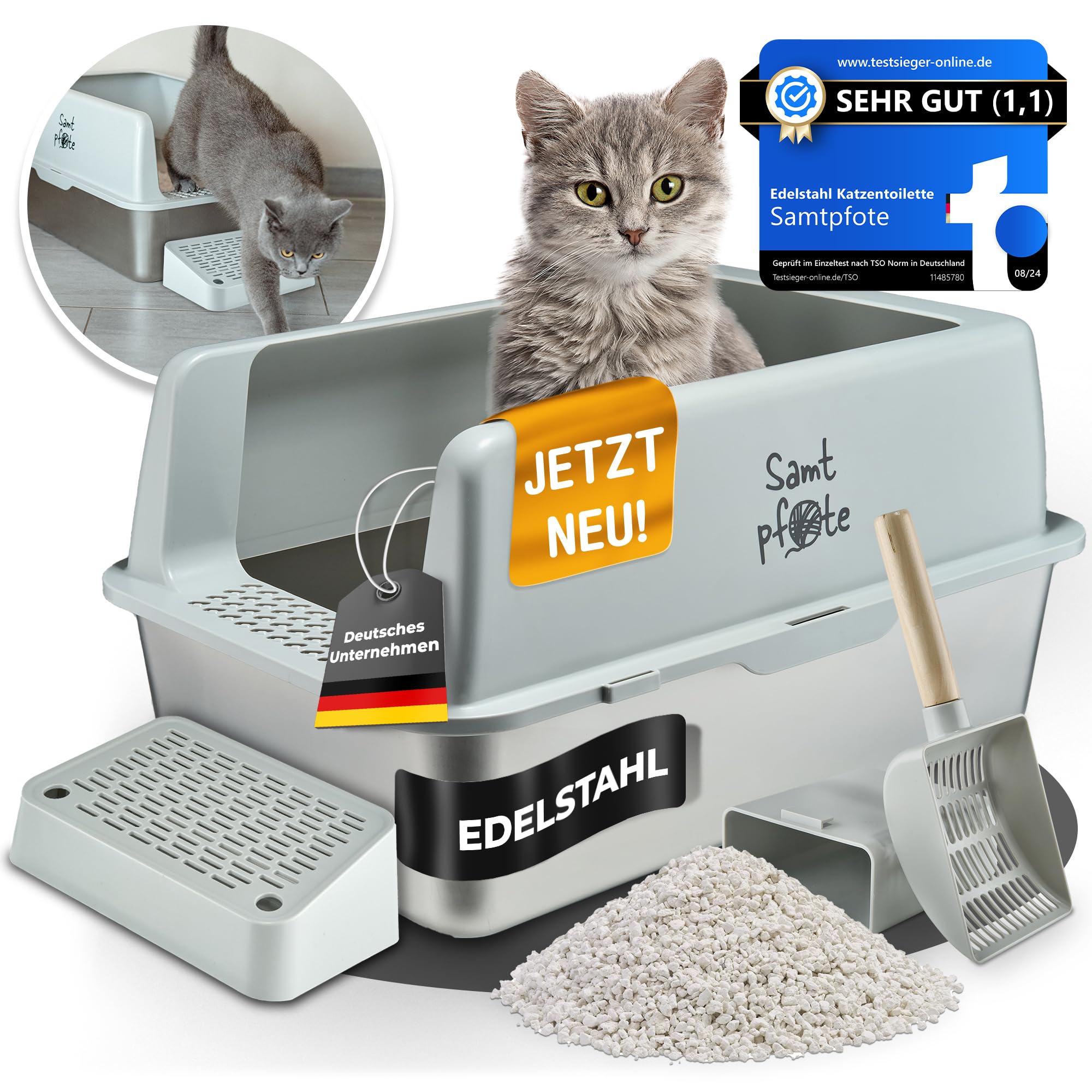 Samtpfote® Vista- Offenes Katzenklo aus Edelstahl - XL Katzentoilette mit Spritzschutz - Fronteinstieg -Auslaufsicher - Antibakteriell - Hygienisch - Leichte Reinigung - 60 x 40 x 30 cm Cat Litter Box