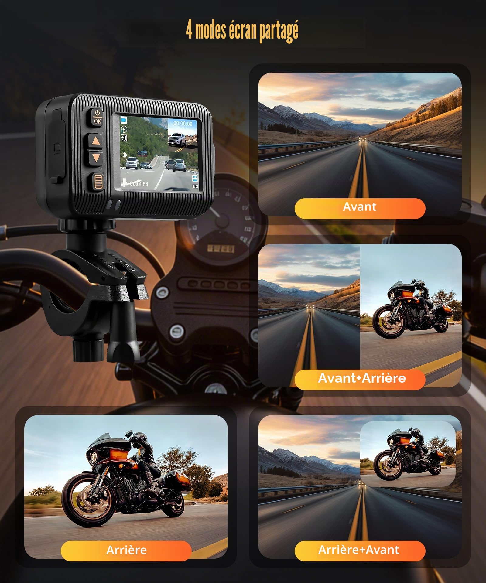 VECHTEL Caméra de tableau de bord de moto avant et arrière 1080p, écran HD 2", double caméra pour moto, étanche, enregistrement en boucle, capteur G intégré, télécommande et carte SD de 32 Go