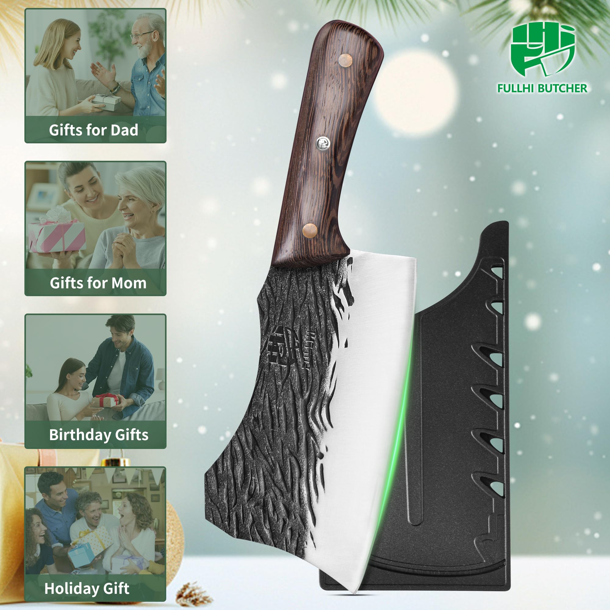 FULLHI Meat Cleaver bbq Cuchillo de Chef con Fundas de Acero al Carbono para Cortar Carne Set de Cuchillos de Cocina para Regalos Idea Hombres mujeres (Marrón, 19,5cm)
