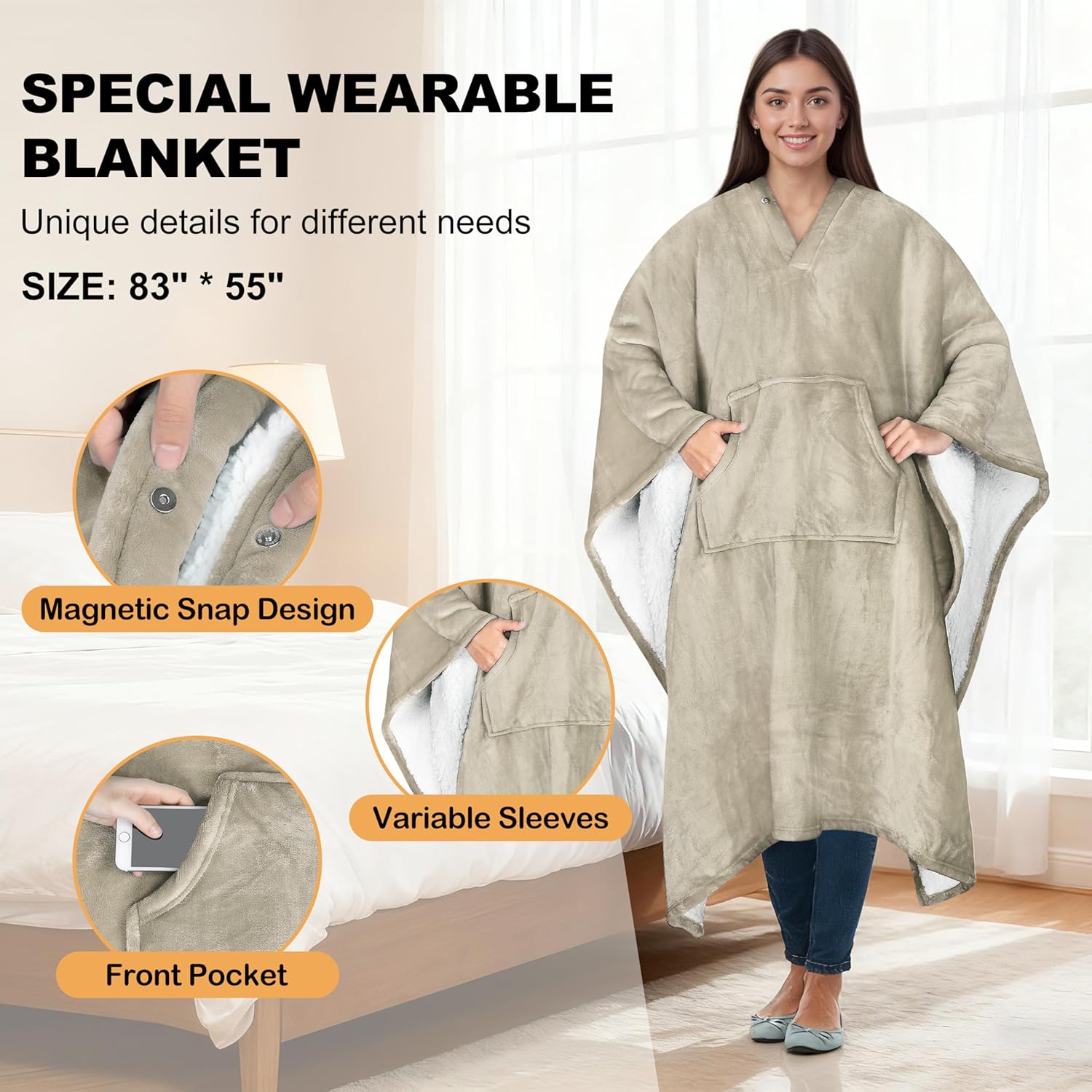 Catalonia Sherpa Wearable Blanket Poncho for Adult Women Men, Wrap Blanket Cape with Pocket, Warm, Soft, Cozy, Snuggly, Comfort Gift, No Sleeves, Camel - Image 3