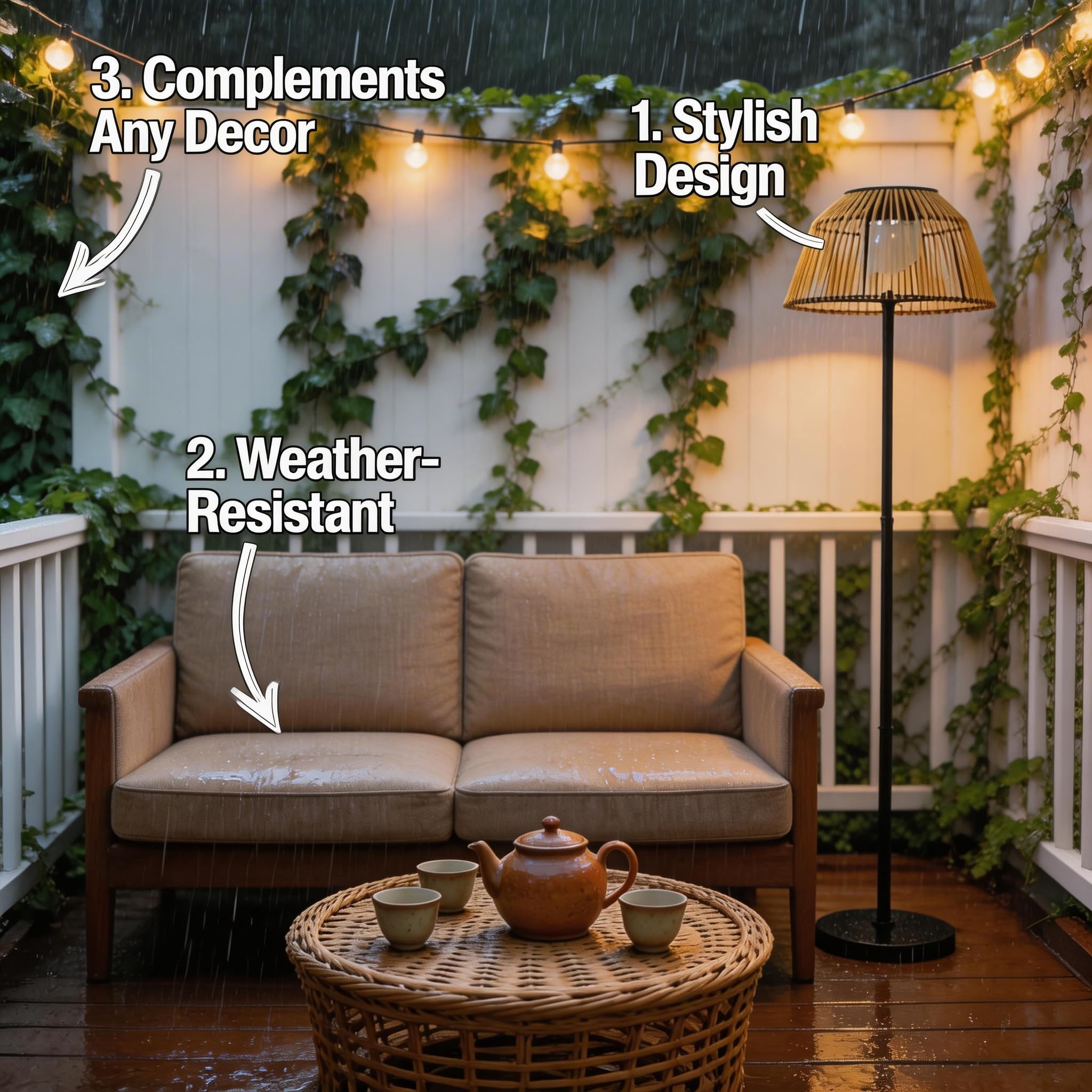 Portacandela a vento boho, decorazione per esterni, in rattan solare, con paralume in tessuto, facile da montare senza attrezzi, per balcone, terrazza, giardino, decorazione