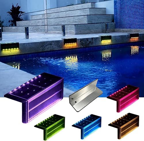 Luces solares para piscina, luces de paso impermeables que cambian de color para exteriores, luz de pared de contención de acero inoxidable