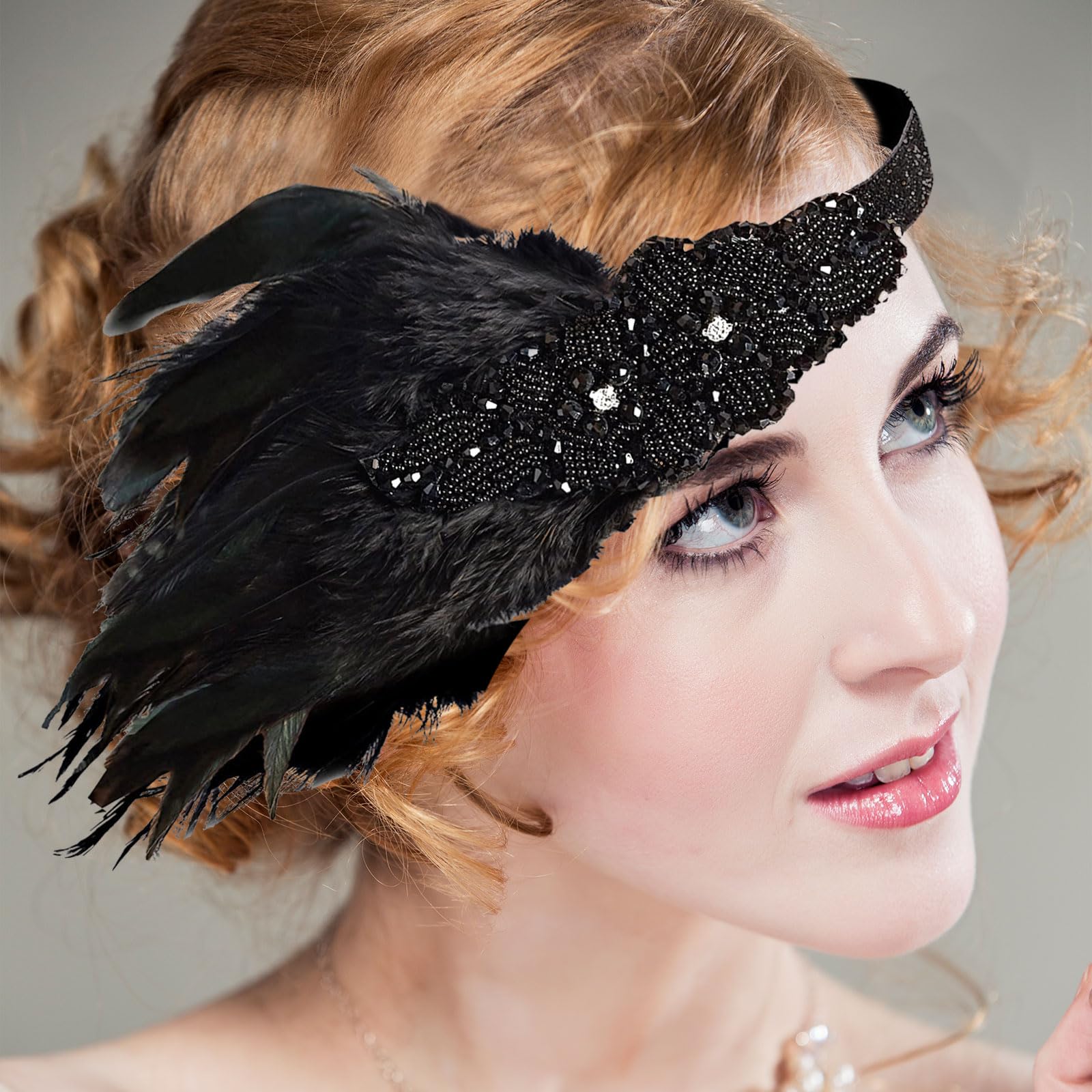 Kabwea 1920s Masquerade Women's Diamond Feather Headband, Hair Band Women, 20s Accessories, 20s Costume, Black, XL - Image 4