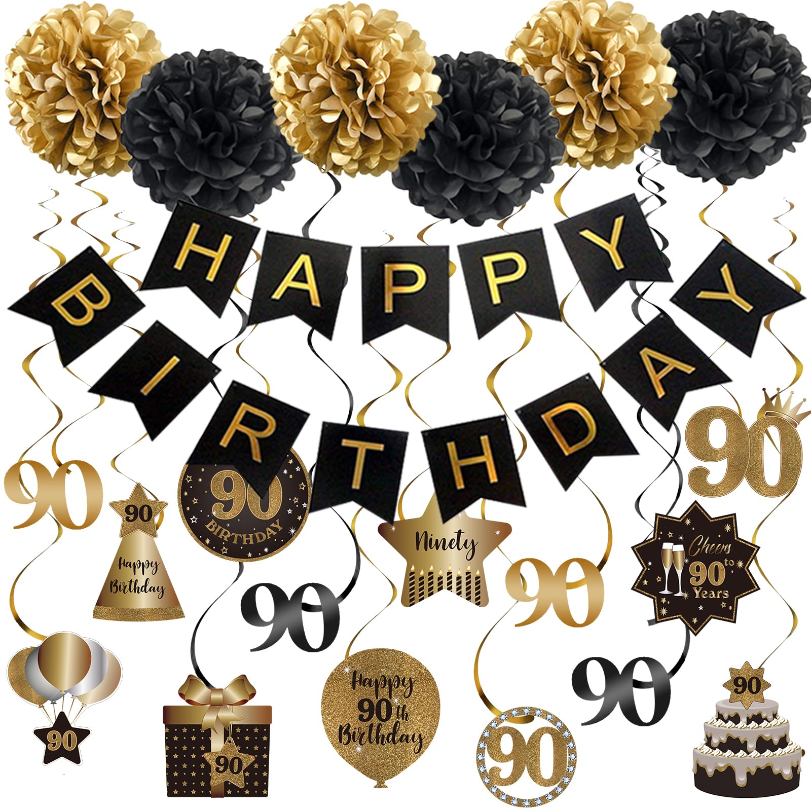 BRT Bearingshui Happy 90th Birthday Hanging Swirls Streamers Decoration, Happy Birthday Banner with Tissue Pompoms, Black and Gold 90 Years Old
