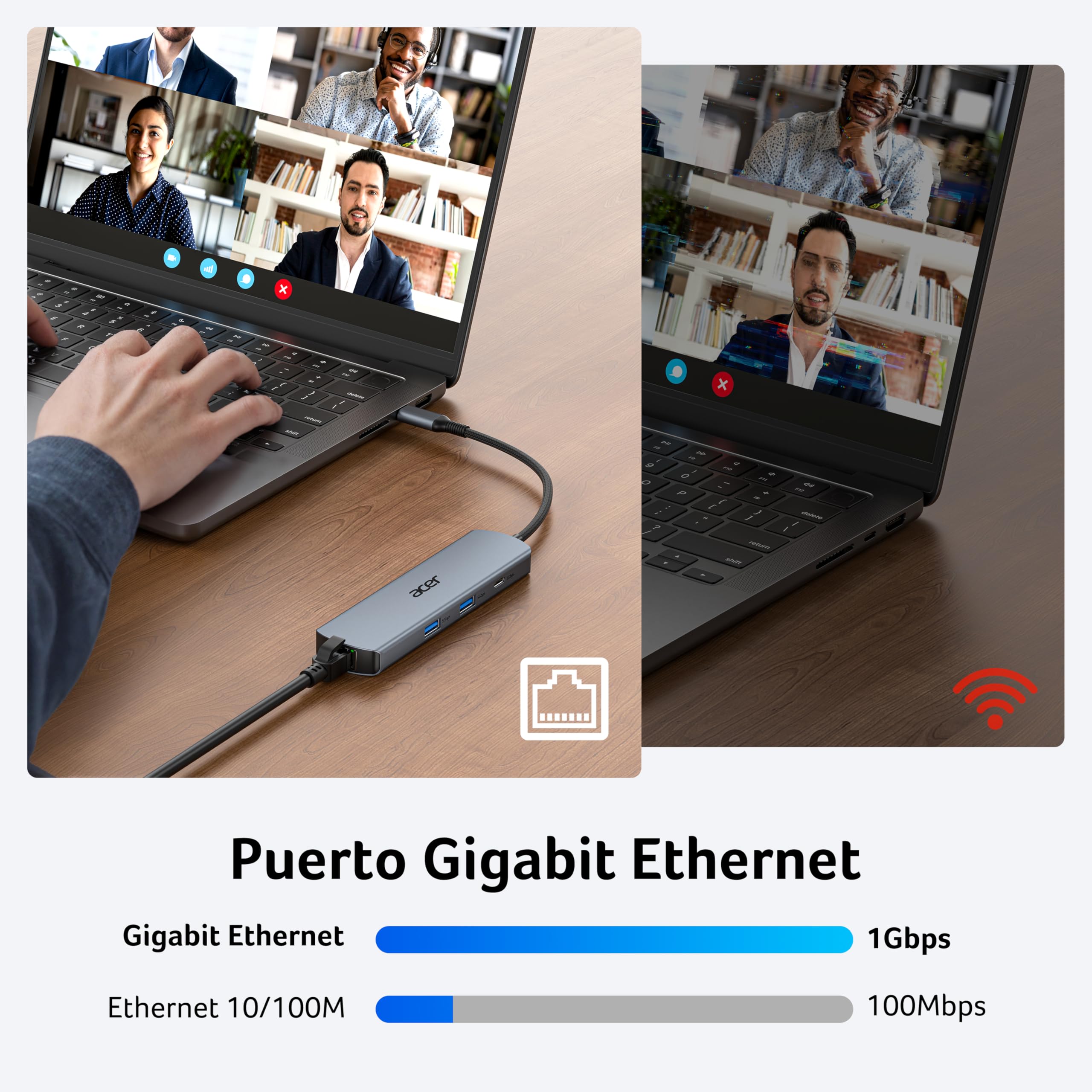 acer Hub USB C Ethernet de 1000Mbps, Adaptador HDMI 4K@60Hz, 1*USB-C 5 Gbps, 2*USB-A 3.0, PD 100W, Docking Station Multipuerto para iPhone 17/16, MacBook iPad Pro, Mac, Surface, Galaxy S25/26, etc.