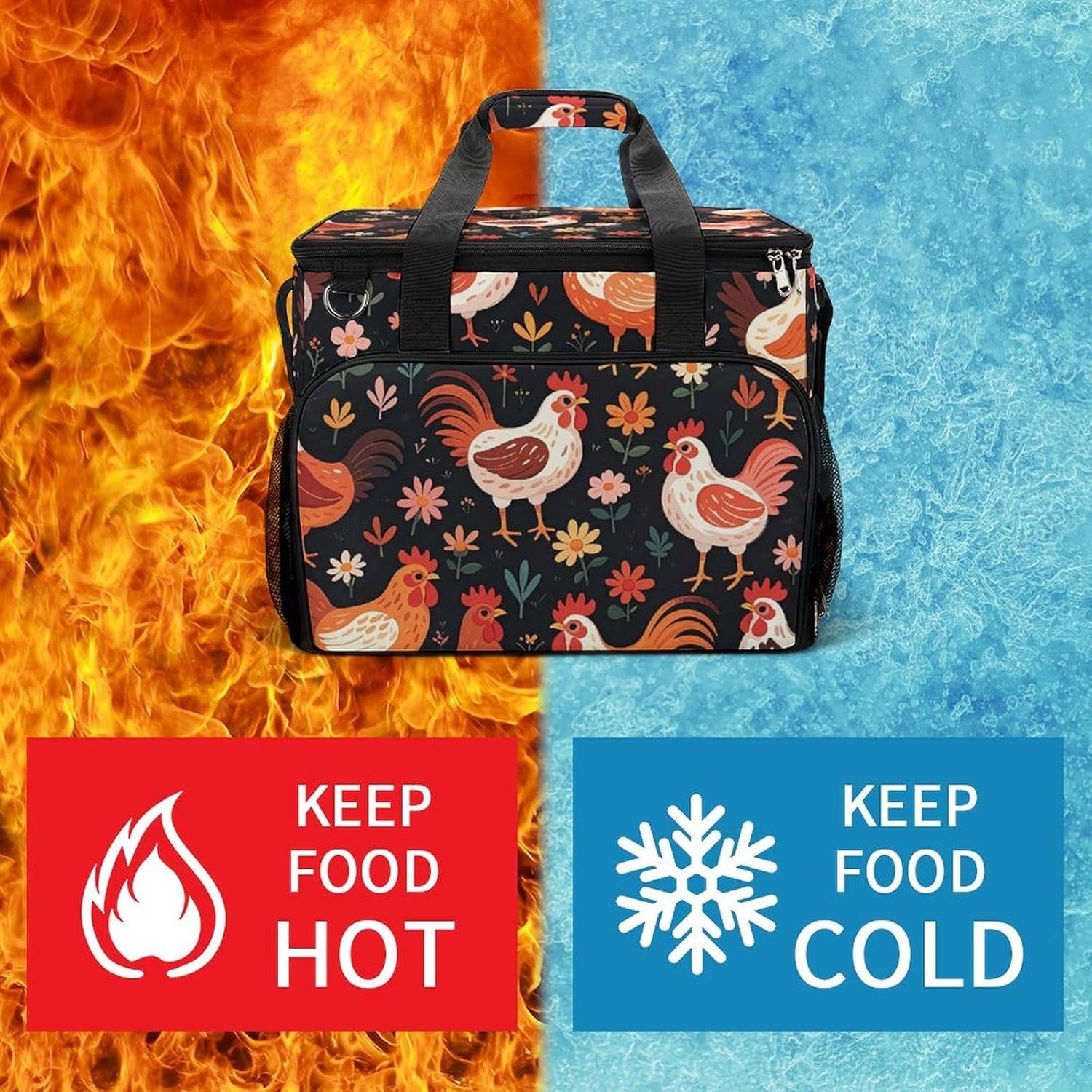 Insulated Picnic Backpack Tote Bag, Large Capacity 30L Cute Rooster Chickens Cooler Bag Leakproof Beach Bags Portable Lunch Box Waterproof Picnic Basket for Beach Camping BBQ