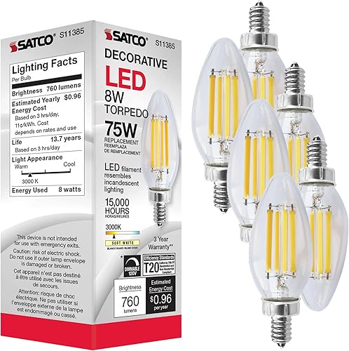 Satco (S11385) LED C11 de 8 vatios transparente base de candelabro 3000 K 90 CRI 760 lúmenes 120 voltios 6 bombillas LED