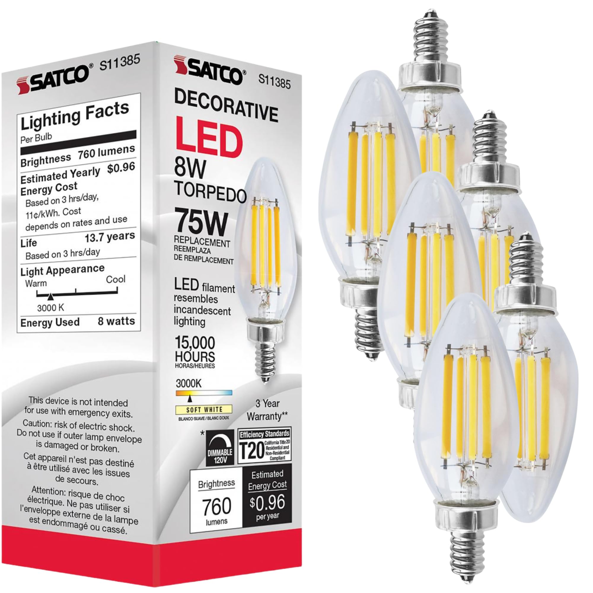 Amazon.com: Satco S11385 8W C11 LED Filament Candle Bulb, 3000K