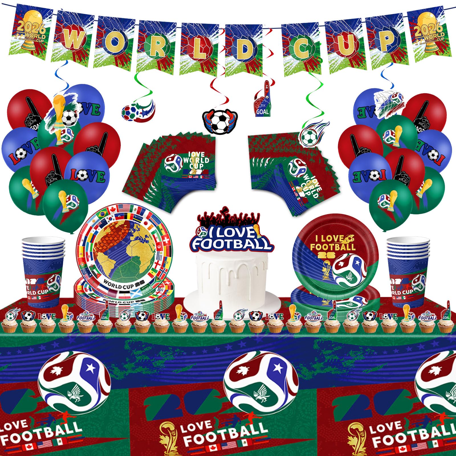 World Cup Tableware Set 2026 Party Paper Plates,Napkins,Cups,Tablecloth,Football Table Decorations107Pcs Soccer Theme Party Banner, Balloons, Cake Topper, Perfect Football Lovers Gifts for Kids Adults