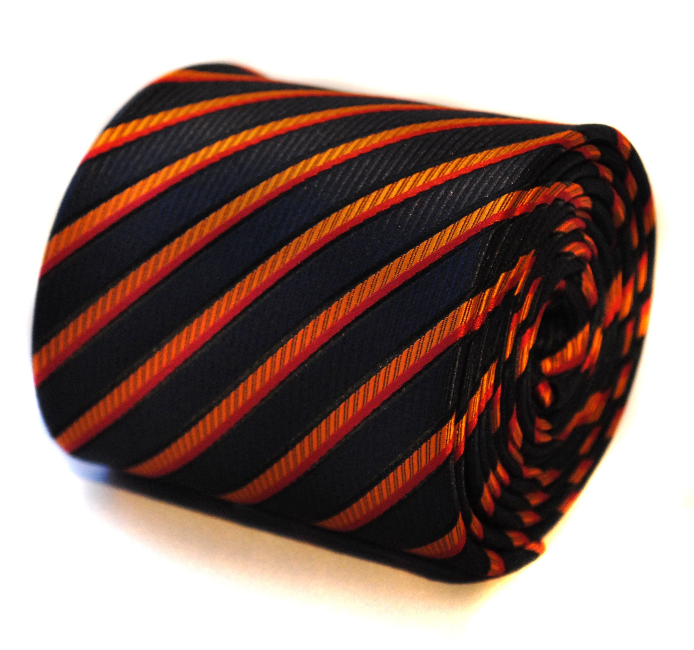 Frederick Thomas Men's Black, Orange And Red Striped Tie With Signature Floral Rear Detail, 8Cm Wide And 147Cm Length Necktie, Formal Business And Occasion Wear For
