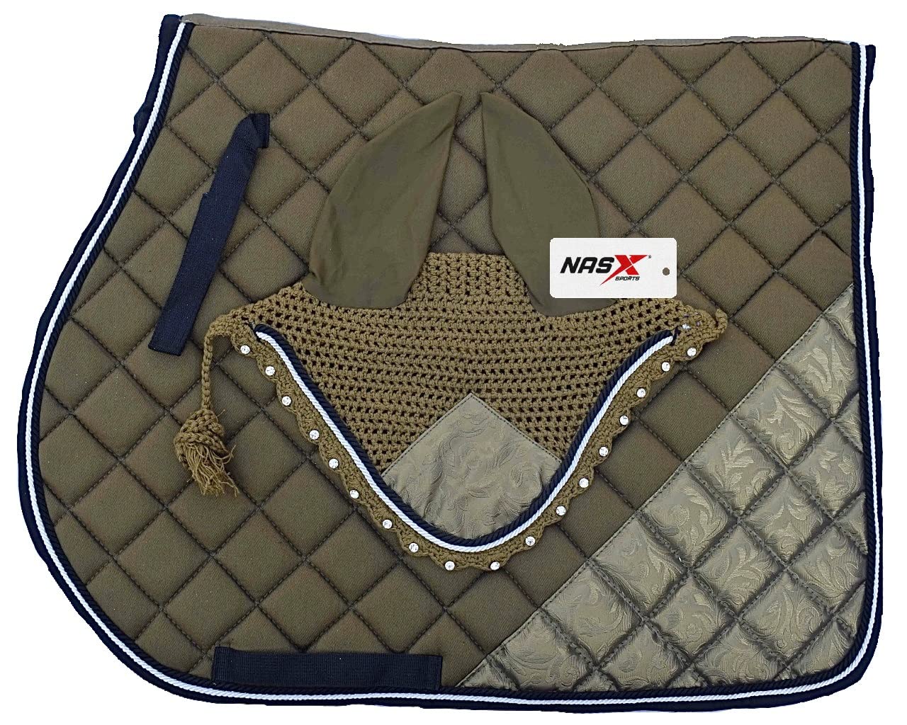 NASX Sports Luxury Saddle Pad with Matching Diamante Fly Veil Set Ear Bonnet Padded (FULL, OLIVE)
