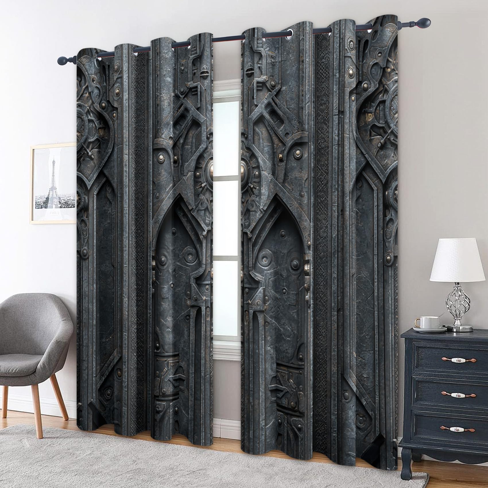 Grey Gothic Curtains, Goth Blackout Curtains for Bedroom Living Room, 46x72 Inch Drapes, Eyelet Thermal Window Treatments, 2 Panels K157