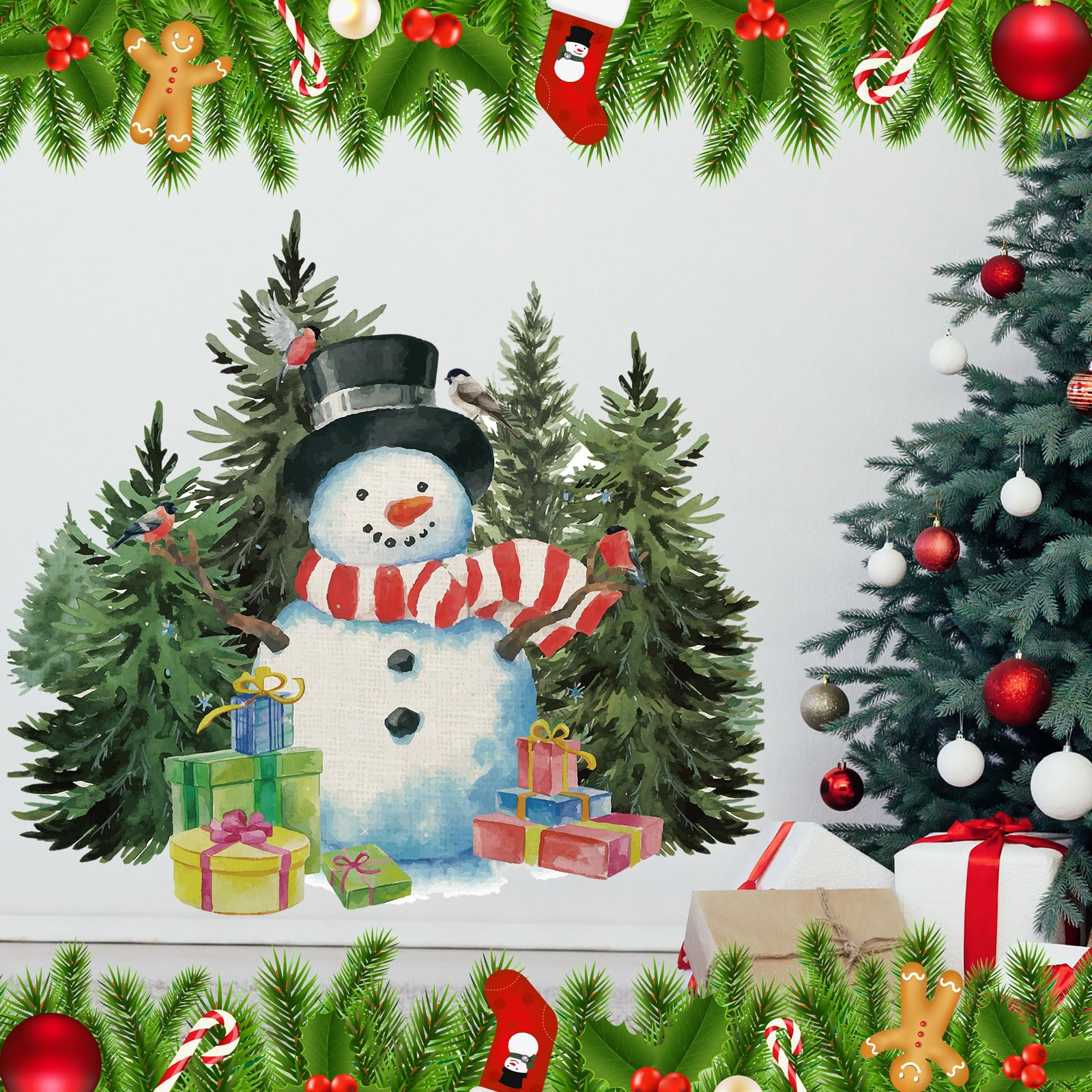 Qeeenar 3 Bögen Weihnachten Schneemann Wandaufkleber Weihnachten Schneemann Wanddekoration DIY Abnehmbare Weihnachten Wandaufkleber Aquarell Weihnachten Fenster Haften für Xmas Badezimmer Wohnzimmer