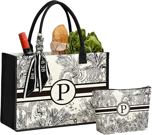 Horaldaily Bolsas reutilizables para comestibles, regalo personalizado con monograma de lona inicial para mujer, Beige