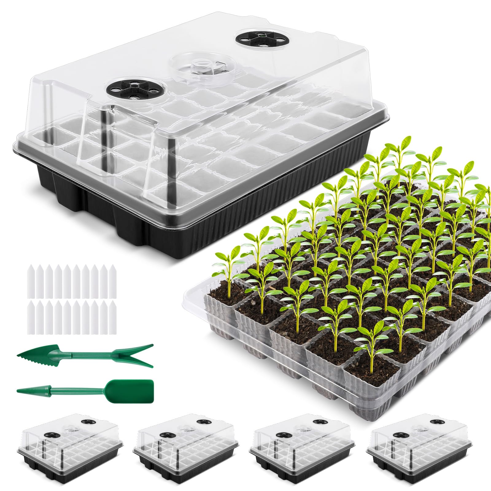 YAUNGEL Vassoi per semi, XL addensato 38x24x12 cm mini kit di coltivazione con coperchio e ventilazione per semi e piantine, 4 Pack 160 fori di semina per semi e piantine, Nero