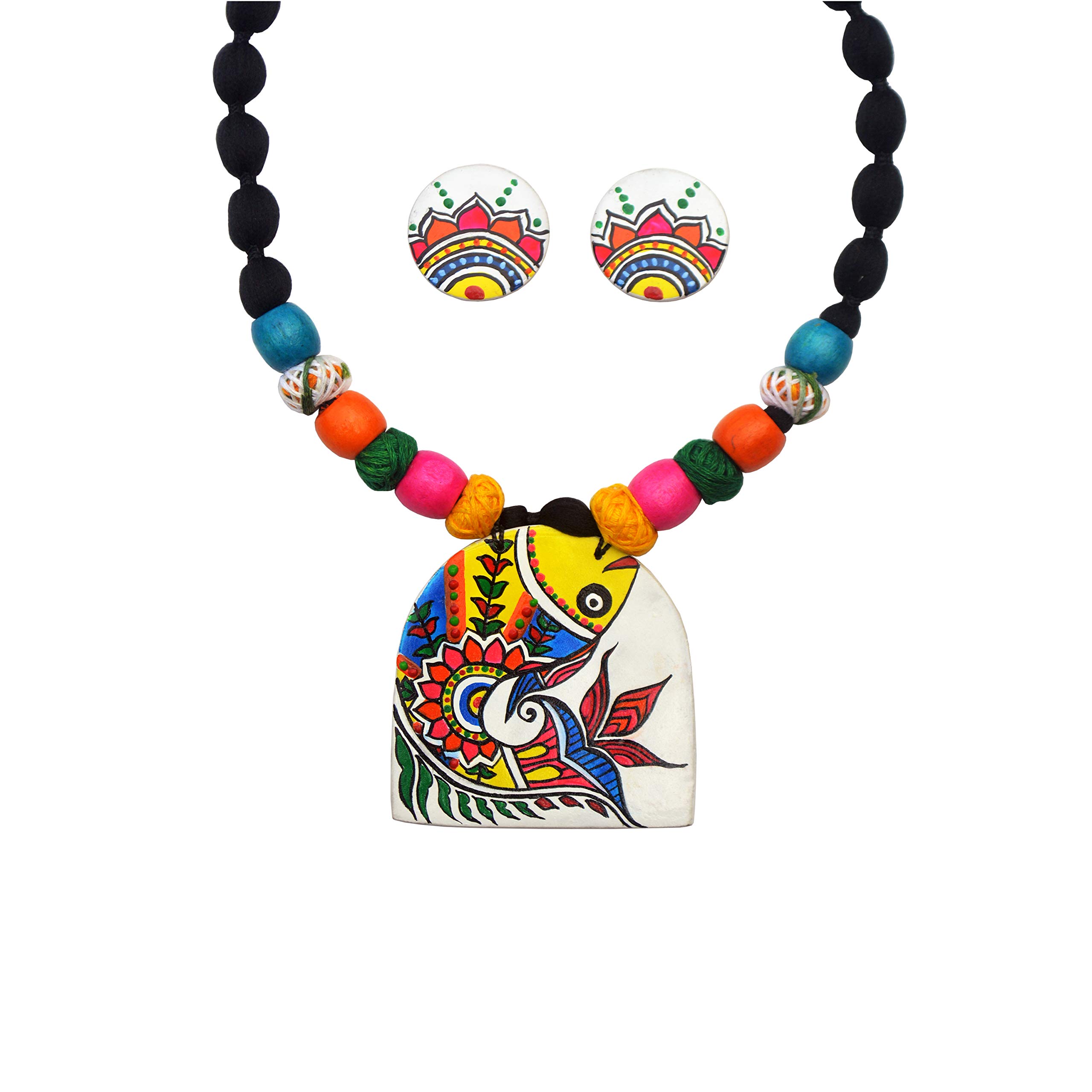 Karukala Synthetic Clay Fabric Madhubani Mithila Art Fish painting Fully Handcrafted Necklace and Ear Ring Jewellery sets For Women and Girls (Color Multi,Size:Free) (B08KTM4JZ5) Amazon Price History, Amazon Price Tracker