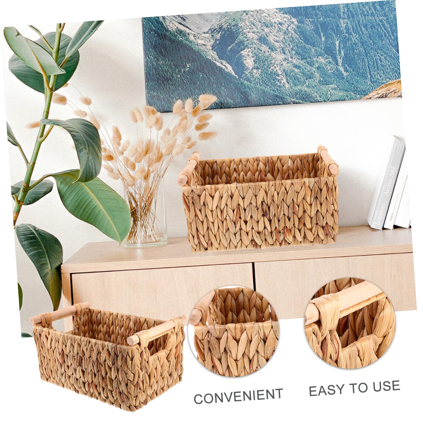 Cesta Tejida de Estilo Rústico y Natural con Asa de Madera, de Fibra Natural y Hierro, para Almacenar Libros o Papel Higiénico en Casa