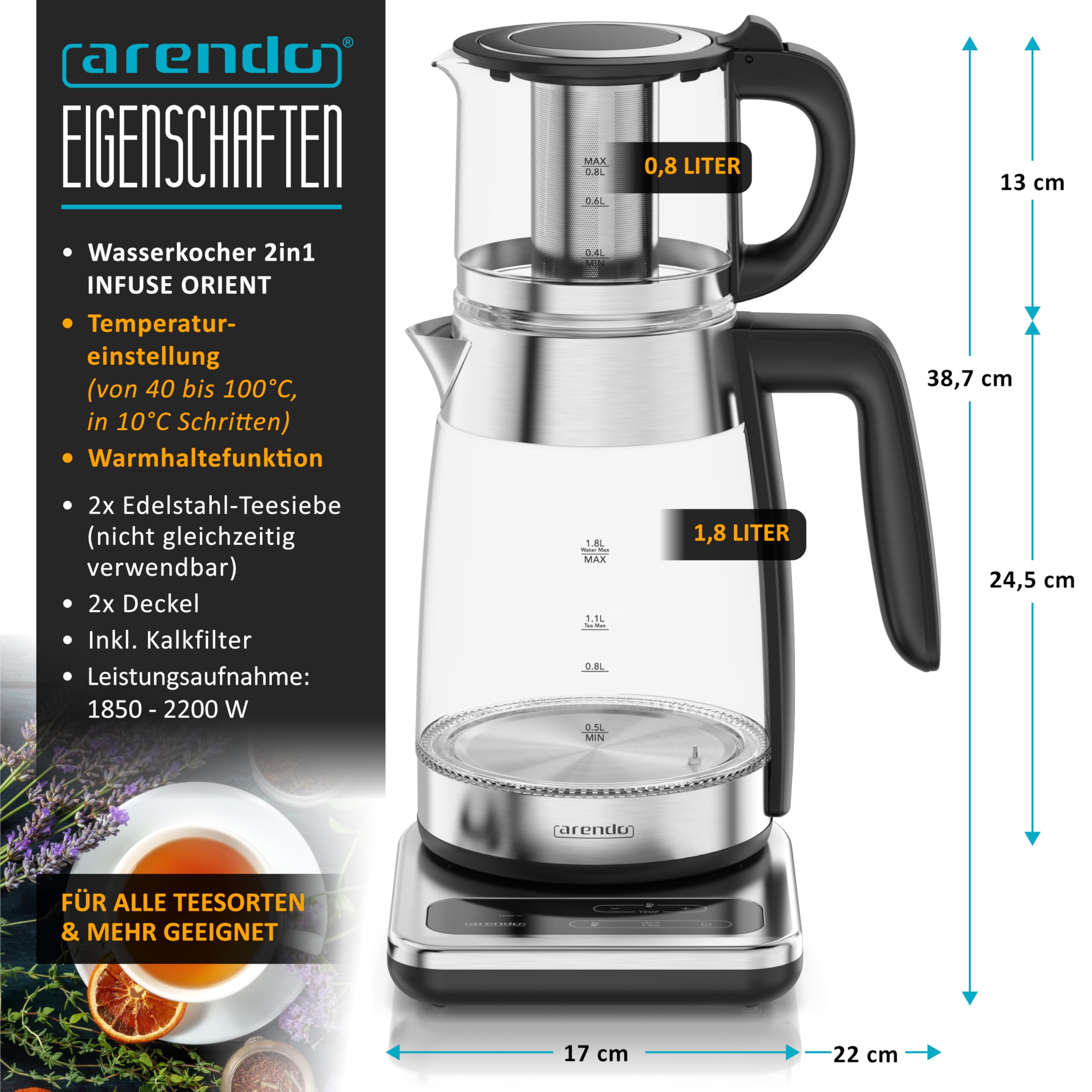 Arendo - Glas Wasserkocher mit Temperatureinstellung 1,8 Liter - Edelstahl Teekocher 0,8 Liter mit Sieb - 2200 W – Überhitzungsschutz – Temperaturauswahl 40° - 100°C - Warmhaltefunktion