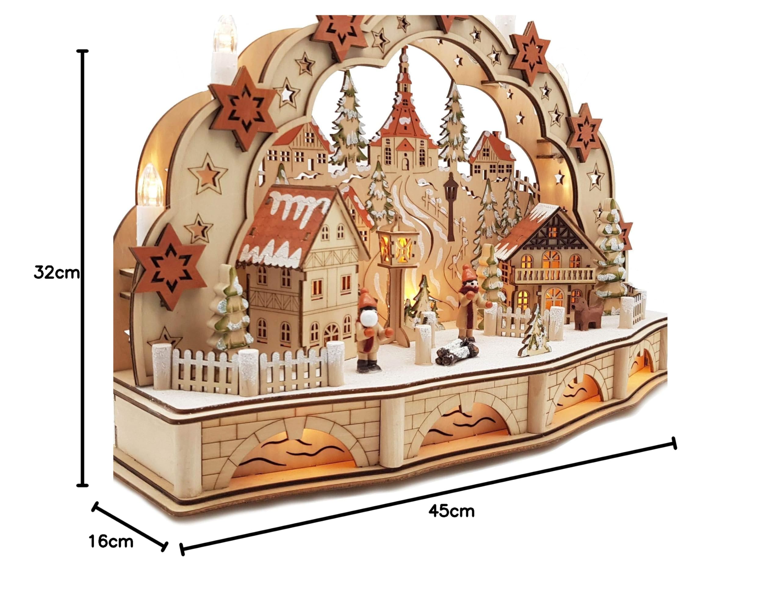Wichtelstube-Kollektion Holzkunst LED Schwibbogen mit Sockel Seiffener Kirche Schwibbogen Lichterbogen Weihnachtsdeko Fenster Echtholz, Batteriebetrieben inkl. Timer