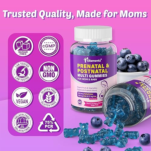 Miniatura 8 de Vitaminas prenatales para mujeres, gomitas multivitamínicas prenatales y posnatales con metilfolato, hierro, omega-3 DHA vegano, superalimentos,
