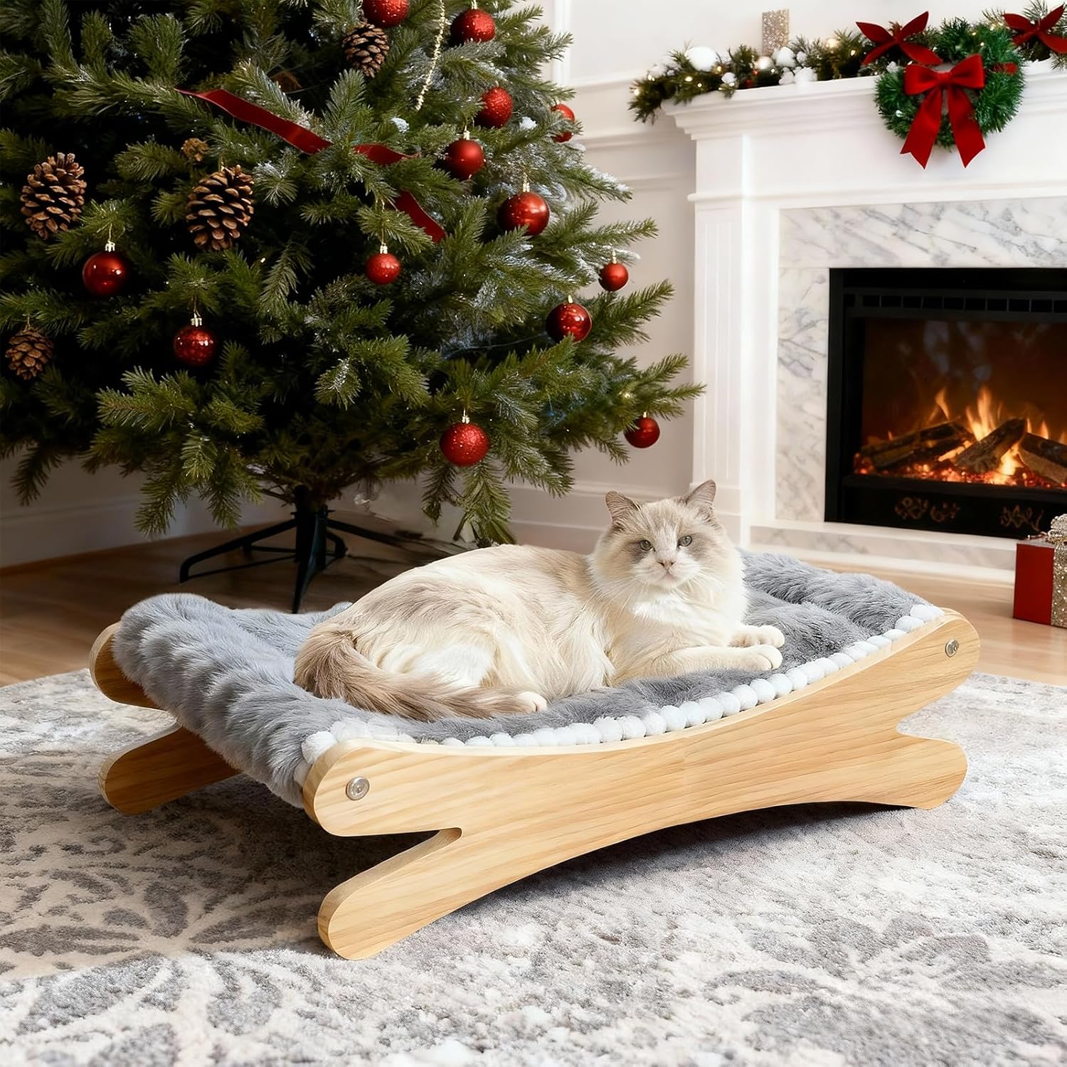 Plush Elevated Cat Bed - Cozy Raised Cat Hammock with Solid Wood Frame, Soft Furry Cushion for Indoor Cats & Small Dogs, Multi-Color Options(Grey)