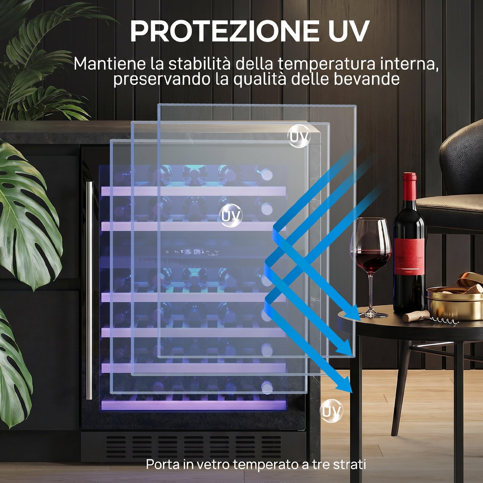 HOMCOM Cantinetta Vino Doppia Temperatura 46 Bottiglie 131L Cantina Vino Frigo Bar Refrigerata Sottopiano Silenziosa 5-18℃, Triplo Vetro Anti UV, Ripiani Regolabili Legno, Display Touch, LED, Classe F