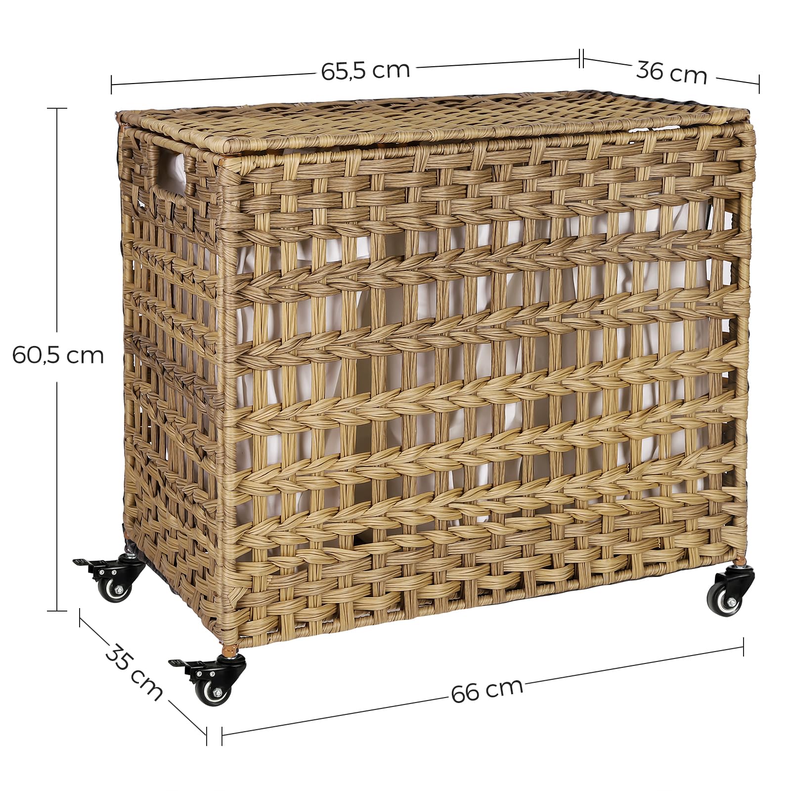 Songmics Wasmand, Handgeweven, Wasverzamelaar, 140 L, Gemaakt Van Polyrattan Met 3 Compartimenten Uitneembare Zak Deksel Handvaten Voor Woonkamer Badkamer 66 X 33 X 60 Cm Grijs