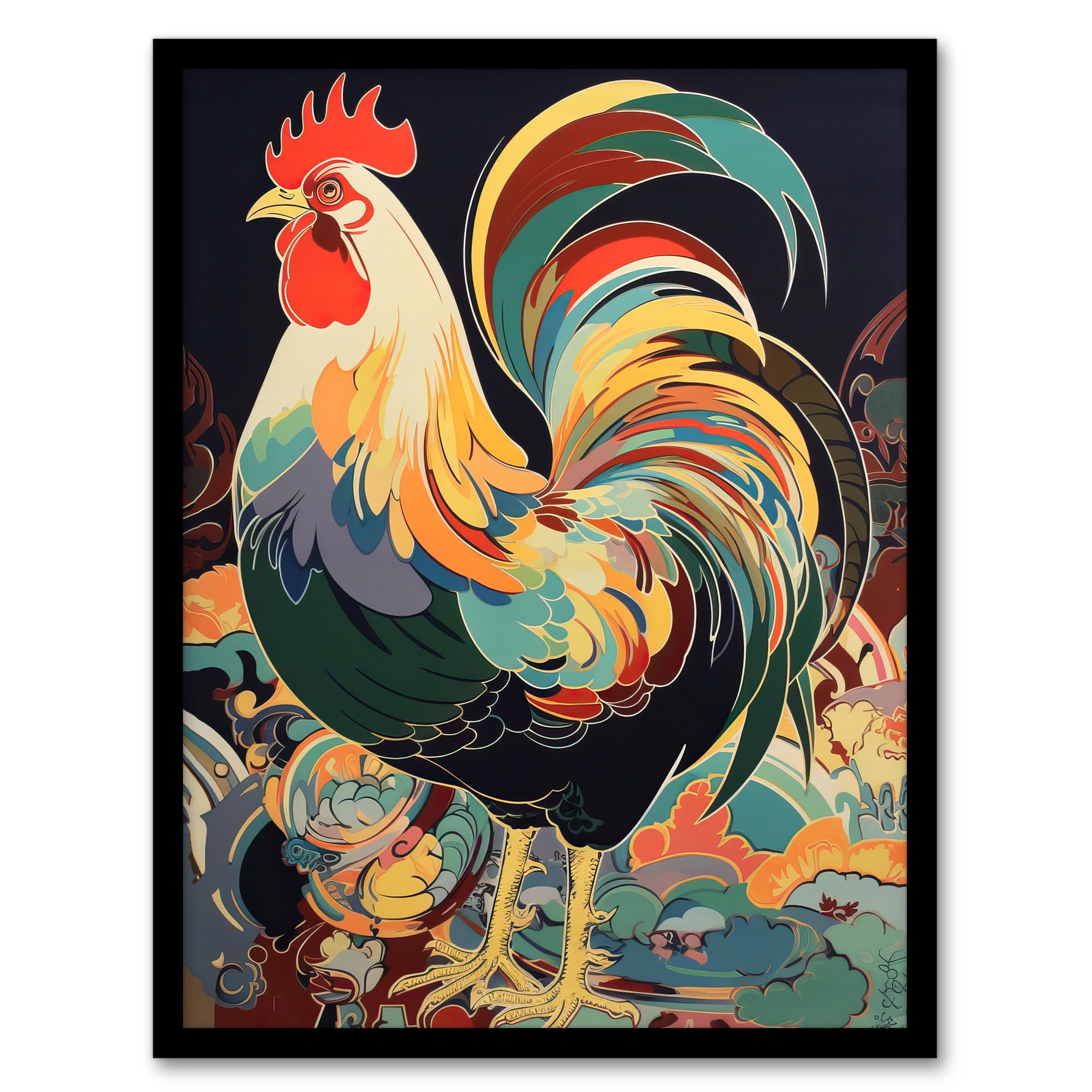 Artery8 Cockerel Cock Rooster Modern Flamboyant Colourful Painting Artwork Framed Wall Art Print A4